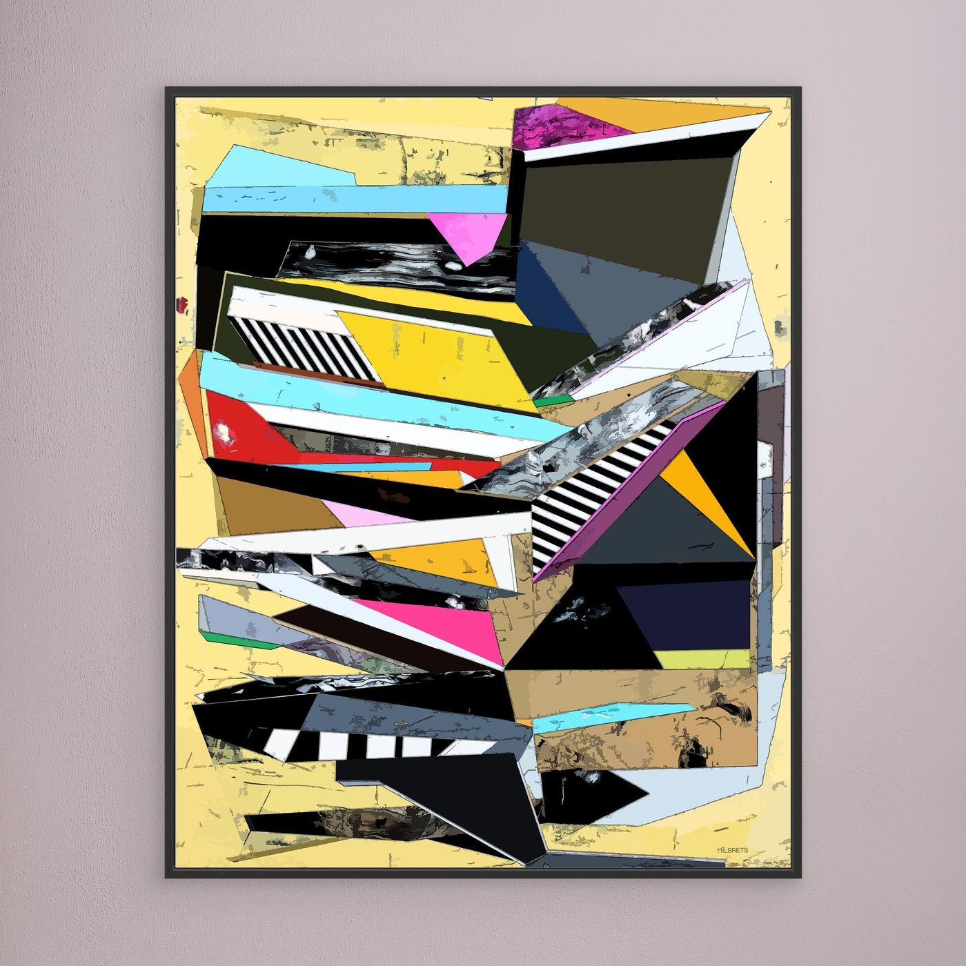 Modern geometric abstract wall art canvas featuring vibrant magenta, blue, and black accents over a warm yellow background and black frame
