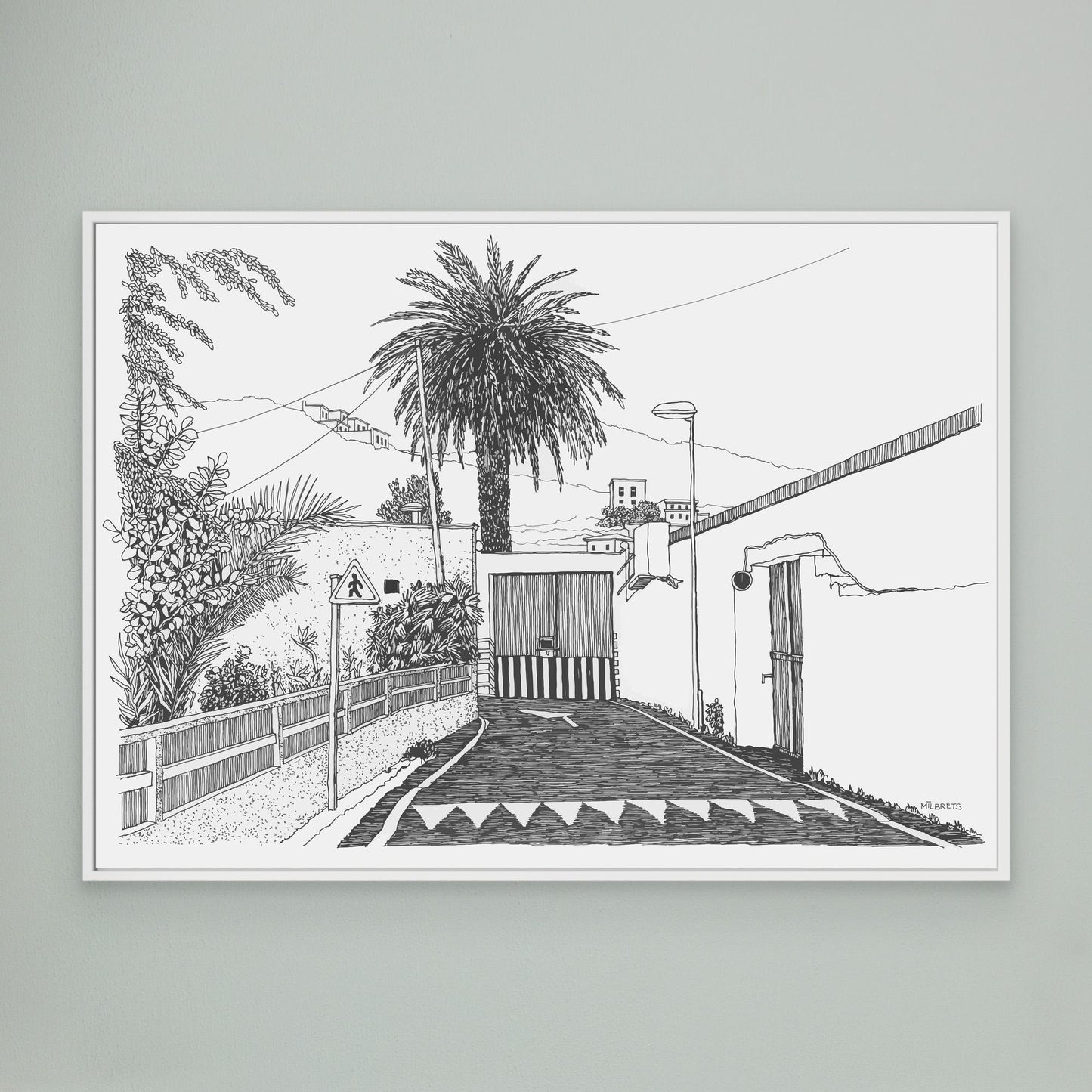 Minimalist tropical street scene line drawing canvas print