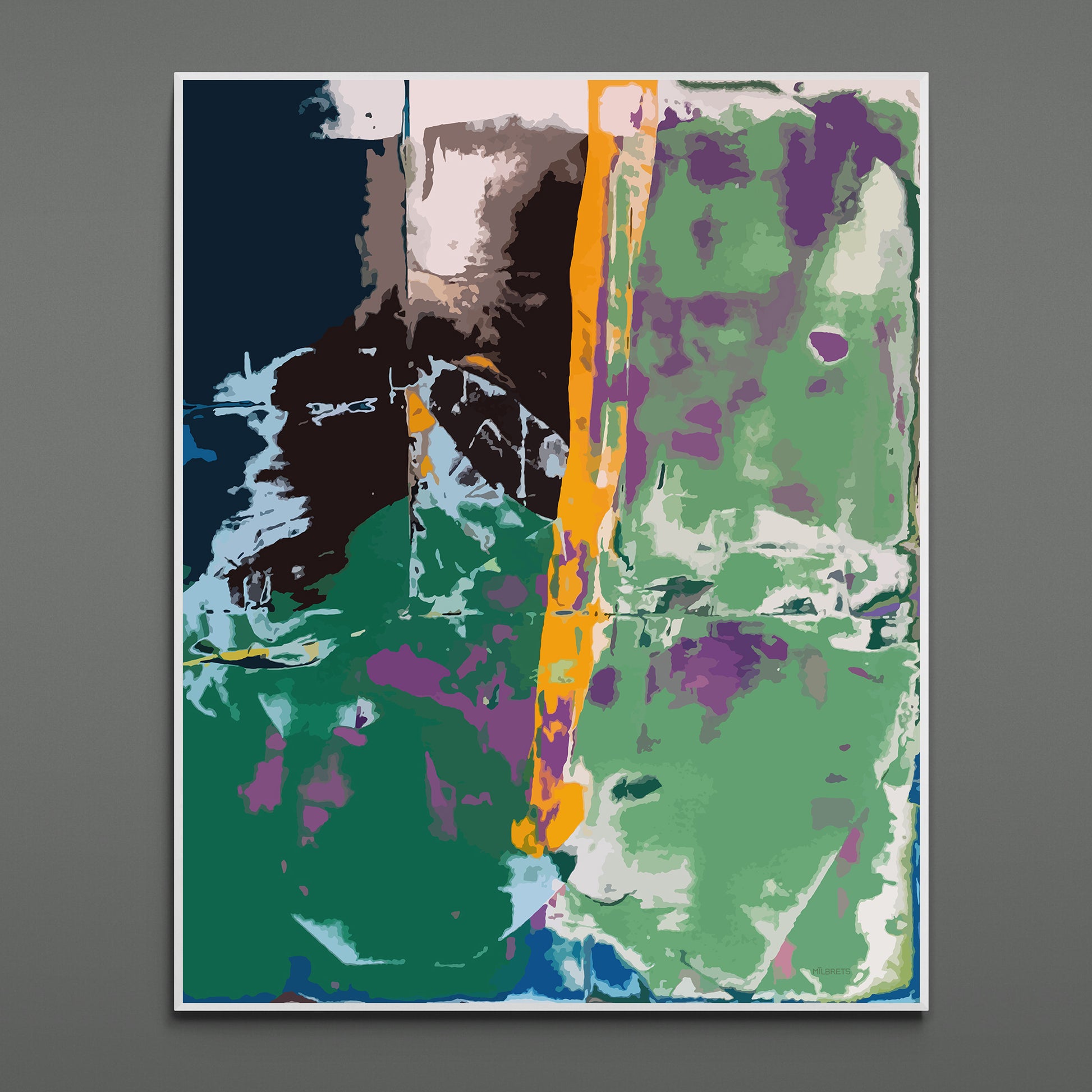 Abstract art print with colorful splashes on a gray background