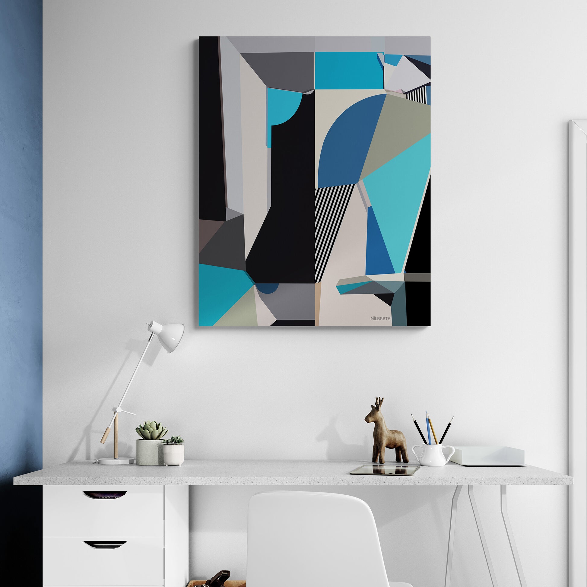 Blue abstract art piece on a wall above a desk with office supplies.