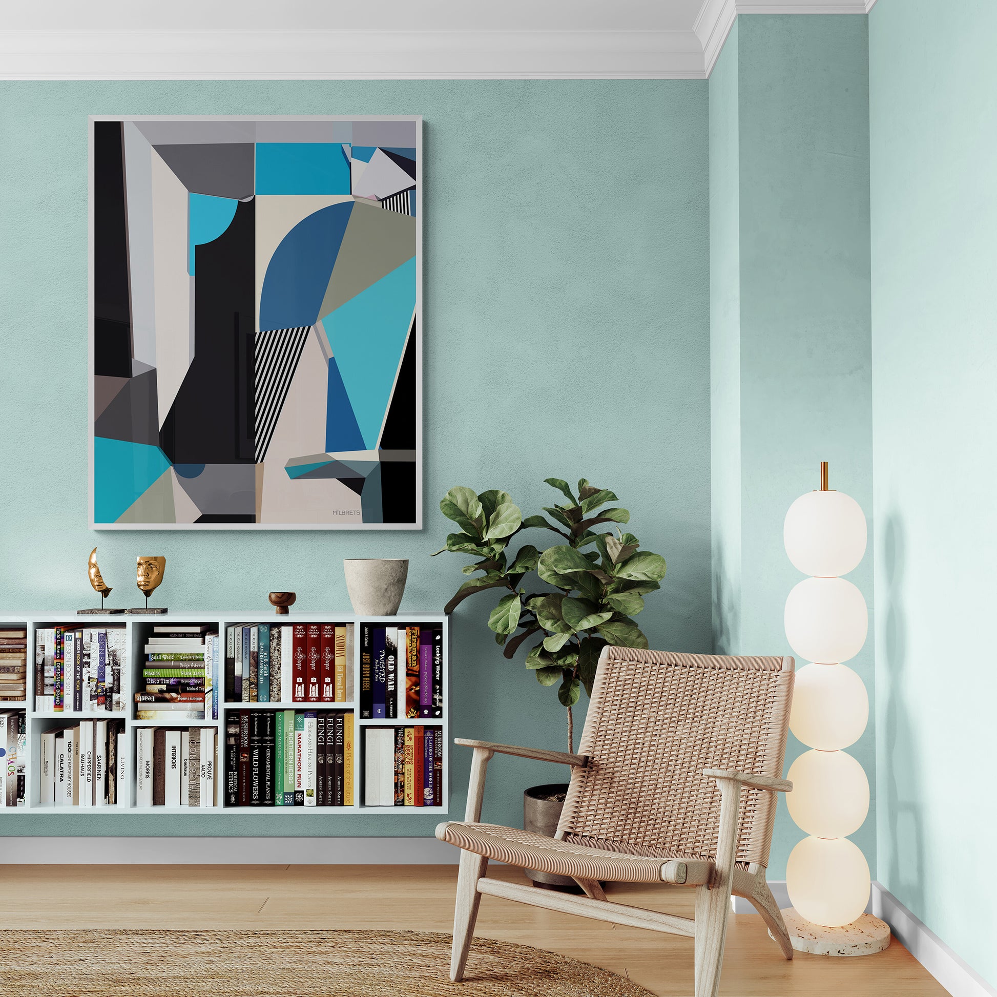 Modern living room with blue abstract art, bookshelf, and wicker chair against a light blue wall.