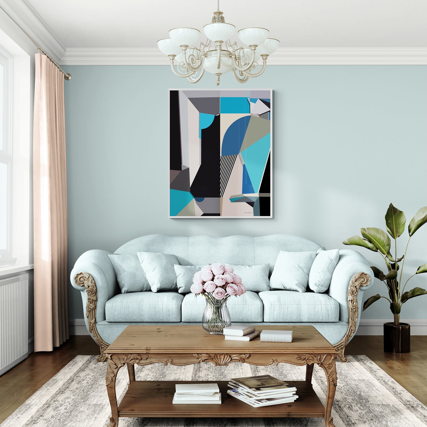Living room with light blue sofa, wooden coffee table, and blue abstract art on the wall.