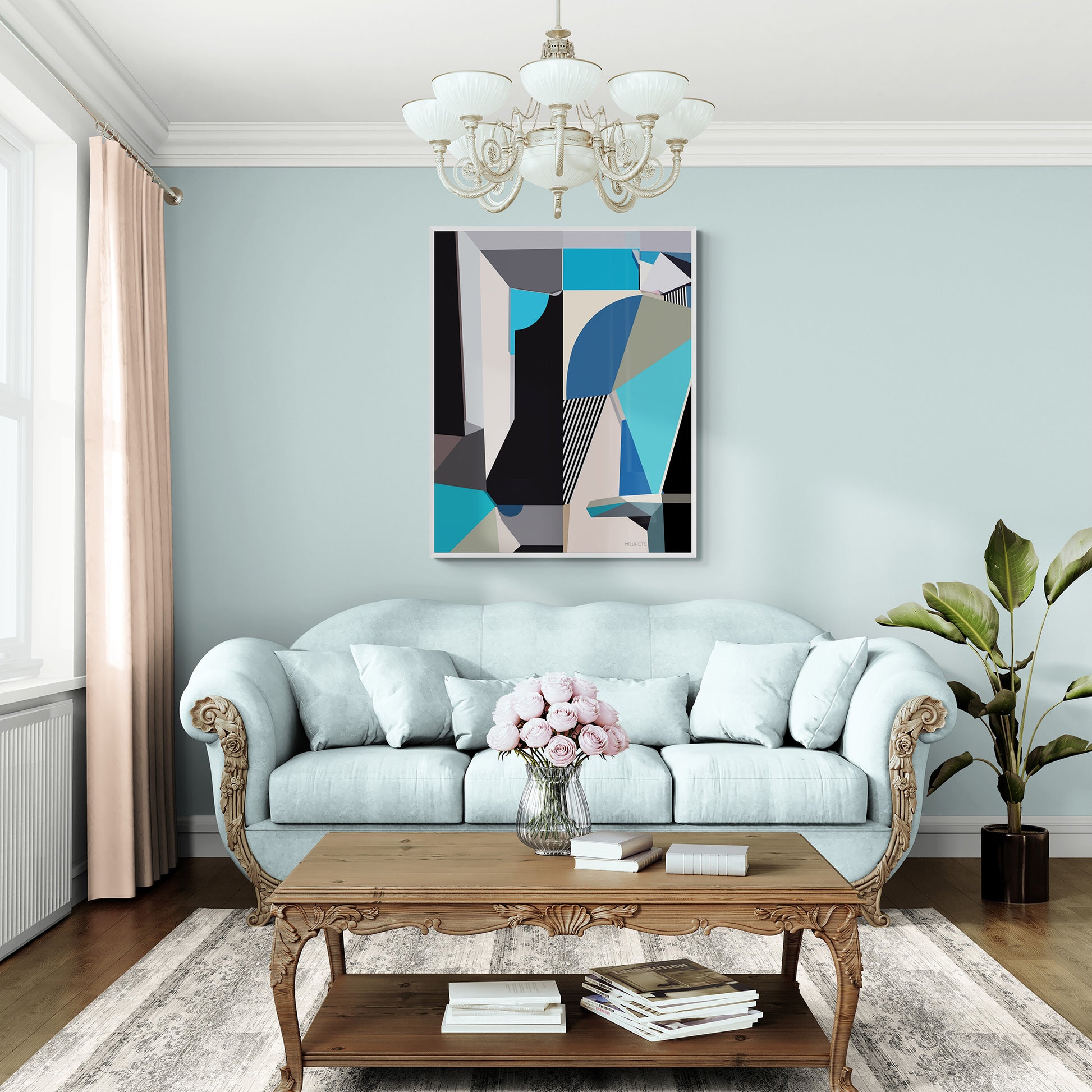 Living room with light blue sofa, wooden coffee table, and blue abstract art on the wall.