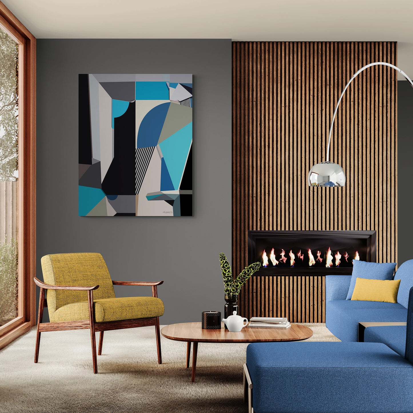 Modern living room with blue abstract art, blue sofa, and fireplace.