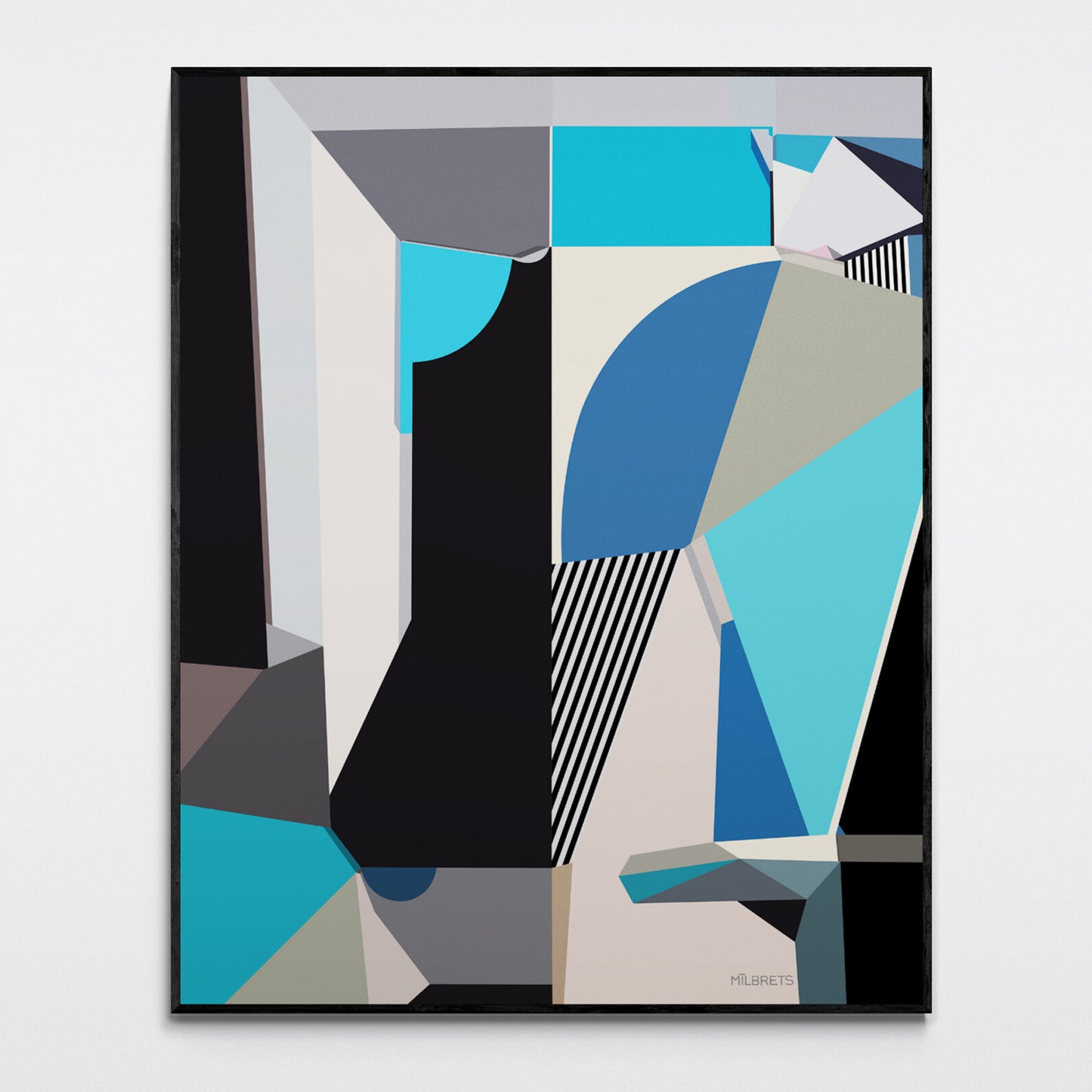 Abstract geometric art print with blue, black, and gray shapes on a white background