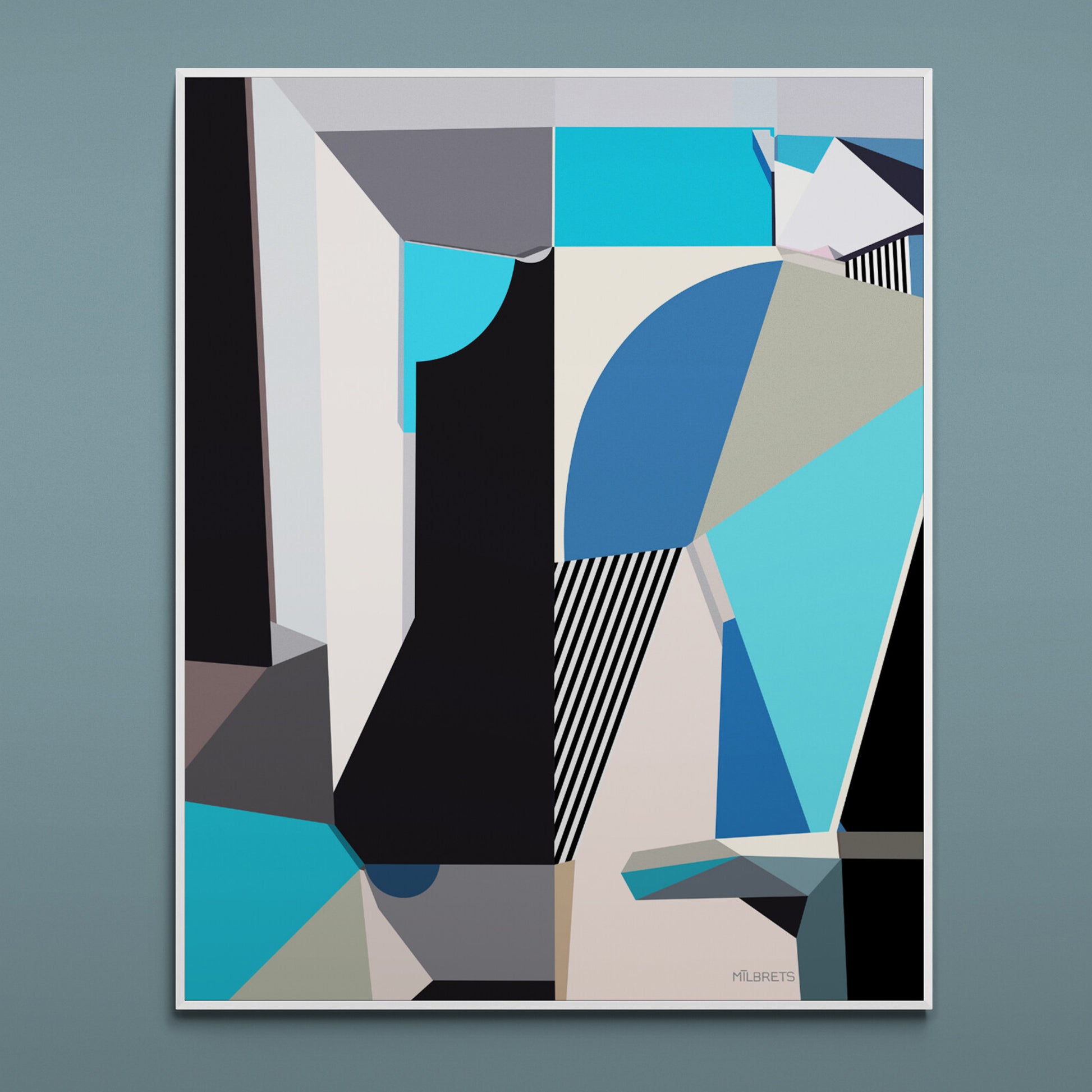 Abstract geometric art print with blue, black, and gray shapes on a gray background