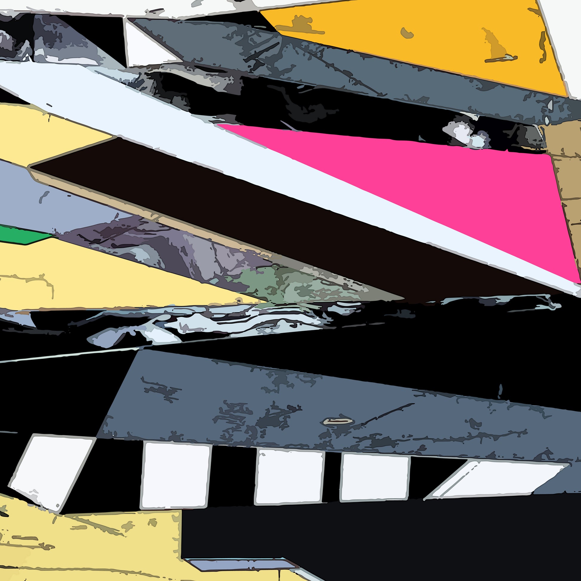 Abstract geometric artwork composed of overlapping angular panels in black, white, yellow, gray, brown, and bright pink, with a distressed textured finish.