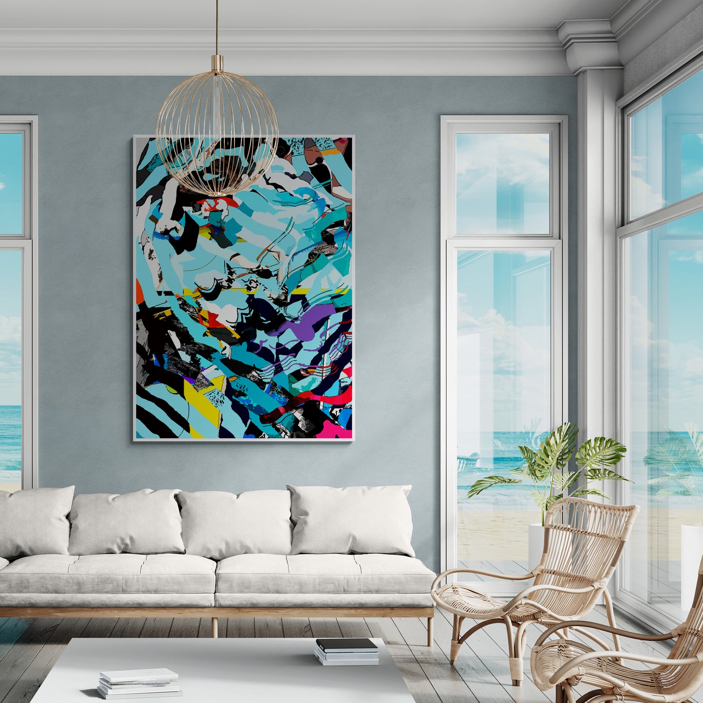 Mediterranean Wave Abstract Canvas Wall Art | Modern Blue Ocean Flow Print "GL-33"