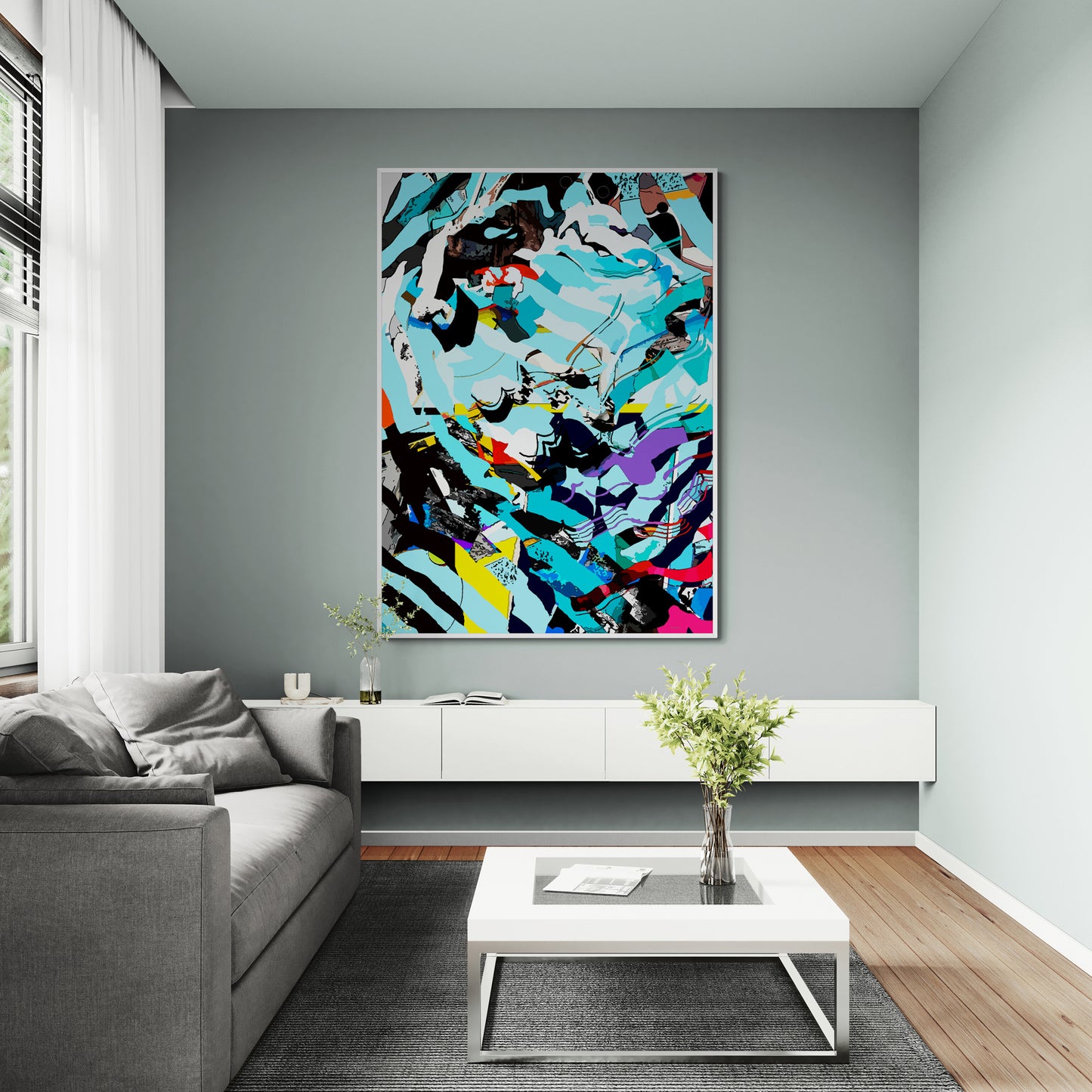 Mediterranean Wave Abstract Canvas Wall Art | Modern Blue Ocean Flow Print "GL-33"