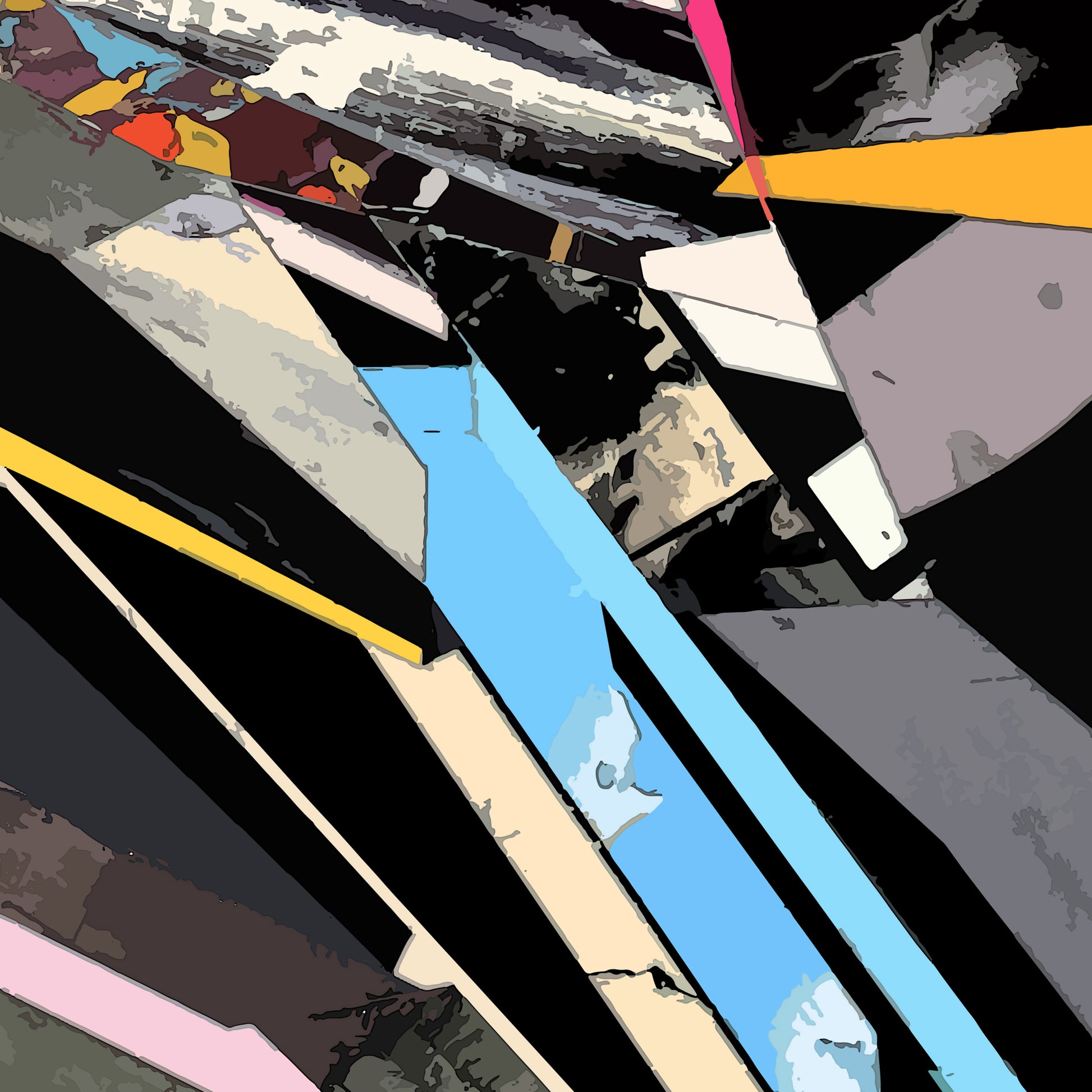 Abstract geometric artwork with overlapping angular shapes in black, gray, beige, light blue, yellow, pink, and white, arranged diagonally and block-like.