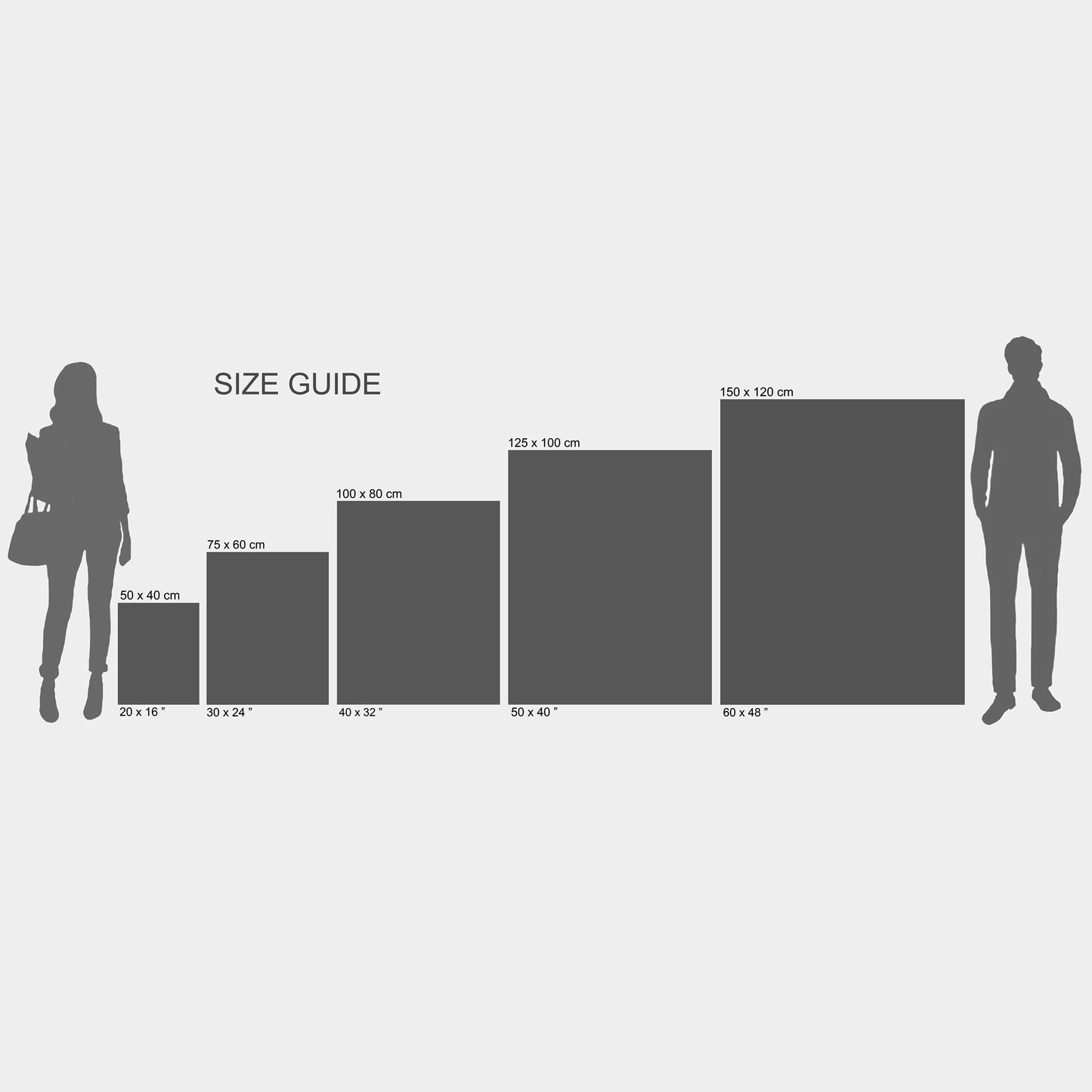 Size guide showing dimensions of prints with silhouette illustrations of a person and a dog.