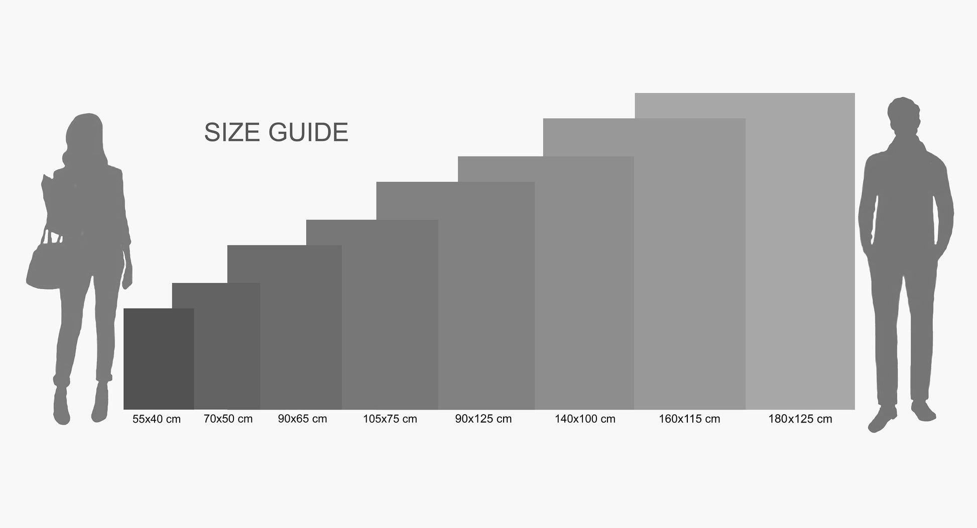 Size guide with silhouettes of a person and a bag, showing different dimensions.
