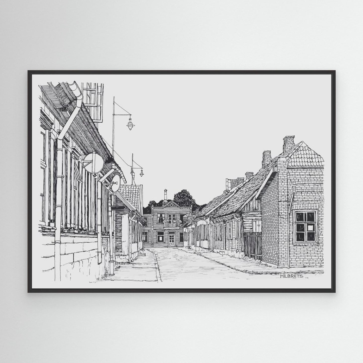 Vintage European Street Sketch Canvas Print Black and White Architecture Wall Art Scandinavian Minimalist Decor Historic Town Drawing