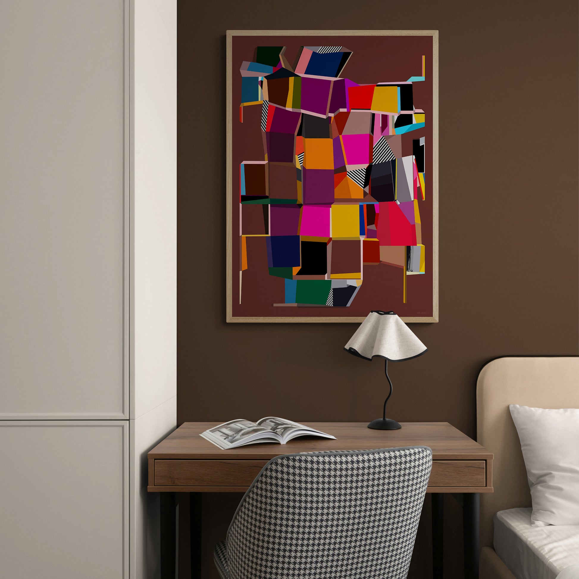 Modern interior with a desk, chair, and colorful abstract painting on a brown wall.