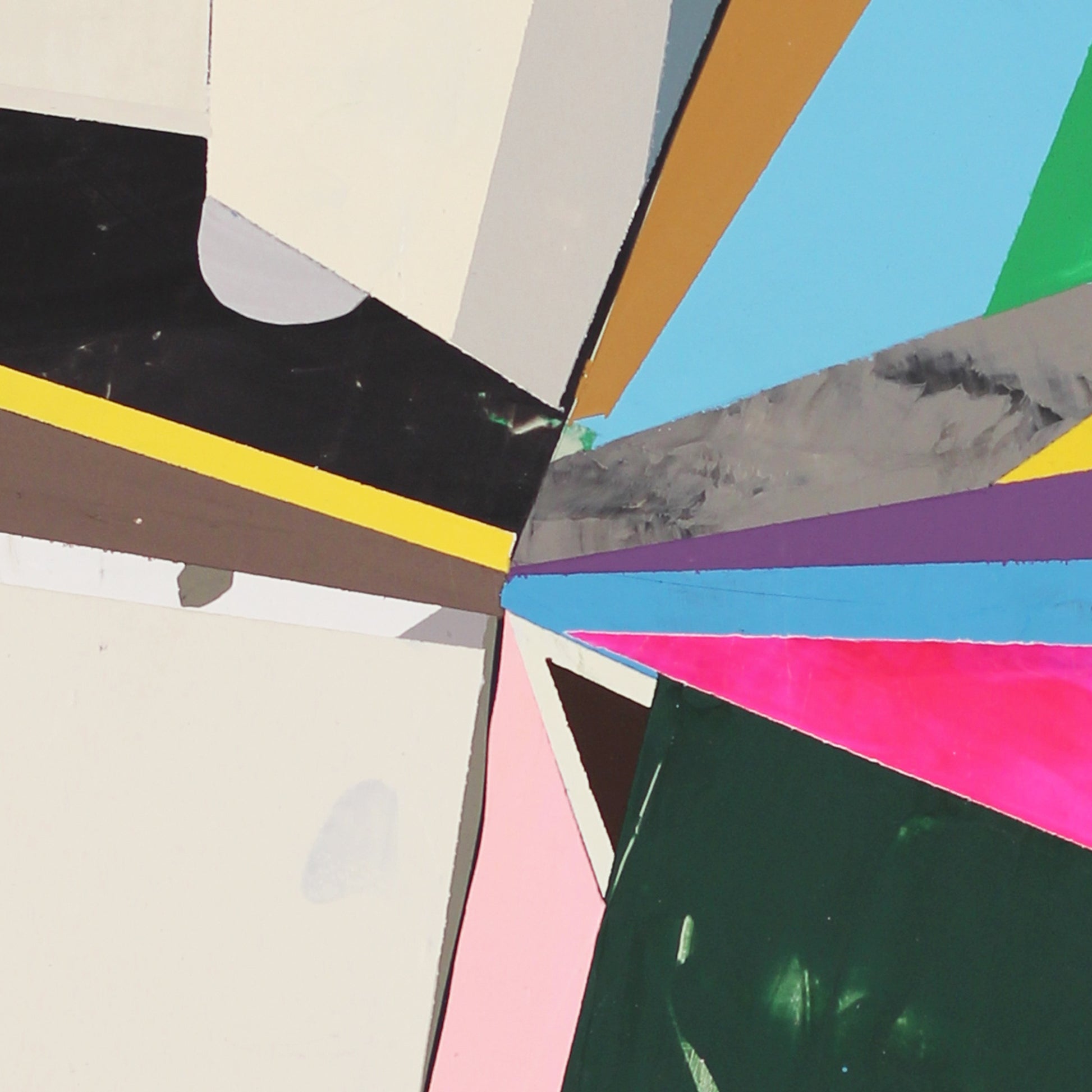 Detai of abstract art piece with geometric shapes in various colors