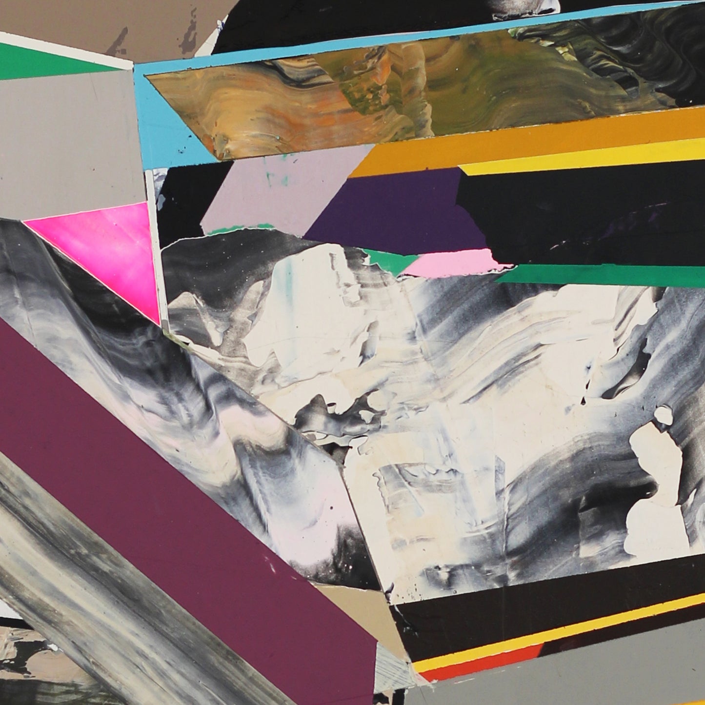 Detail of abstract art piece with geometric shapes and color blocks
