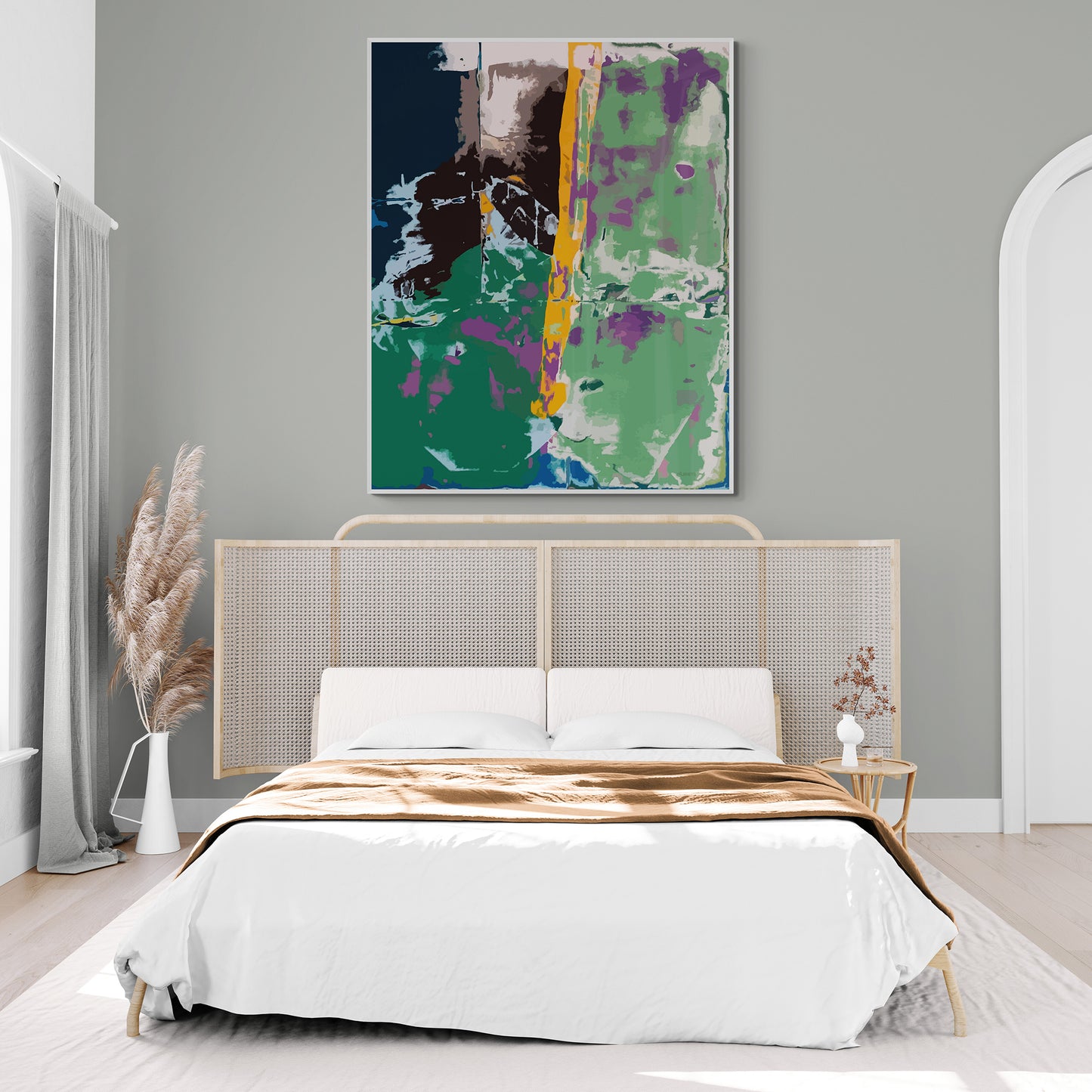 Modern bedroom with a bed, abstract painting, and decorative elements.