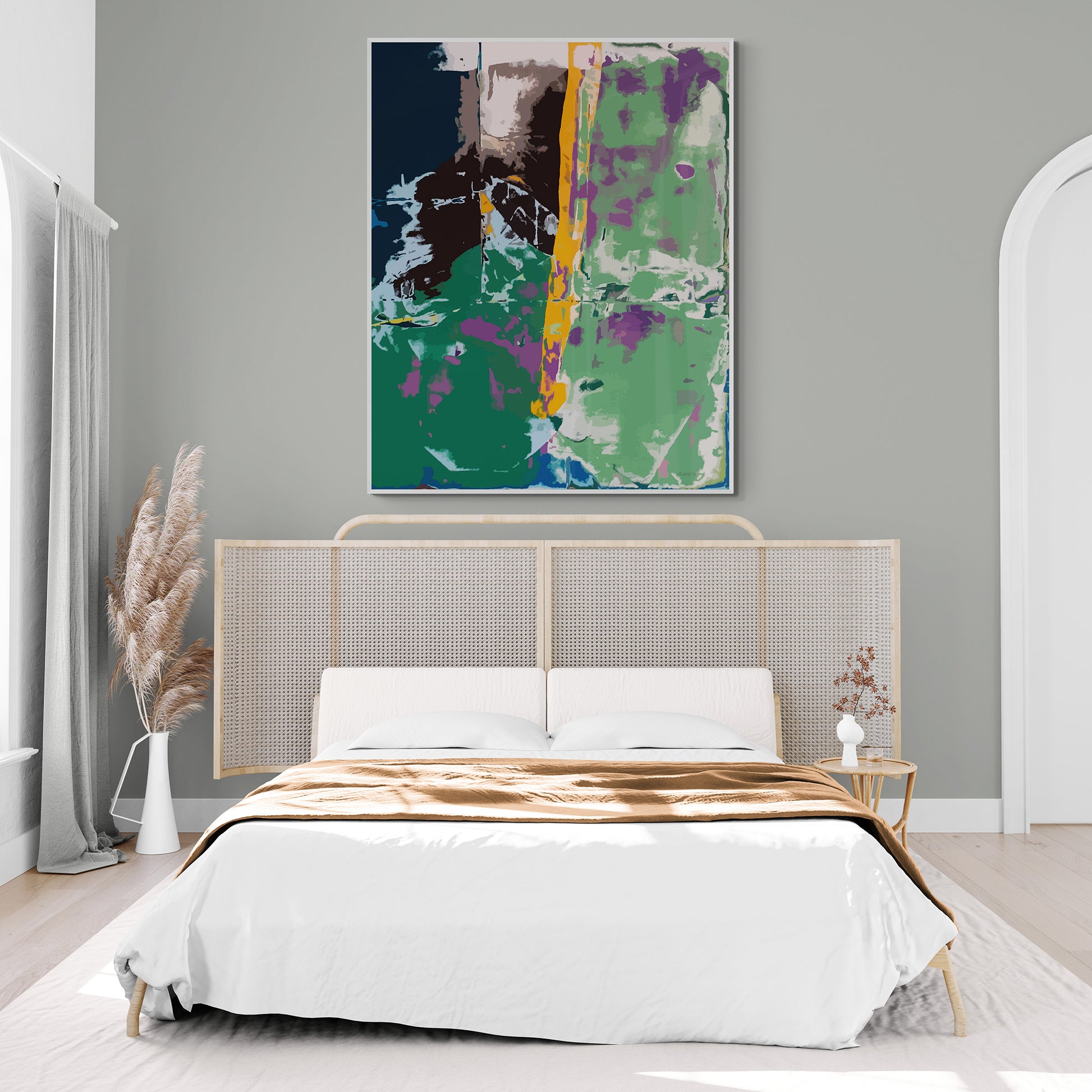 Modern bedroom with a bed, abstract painting, and decorative elements.
