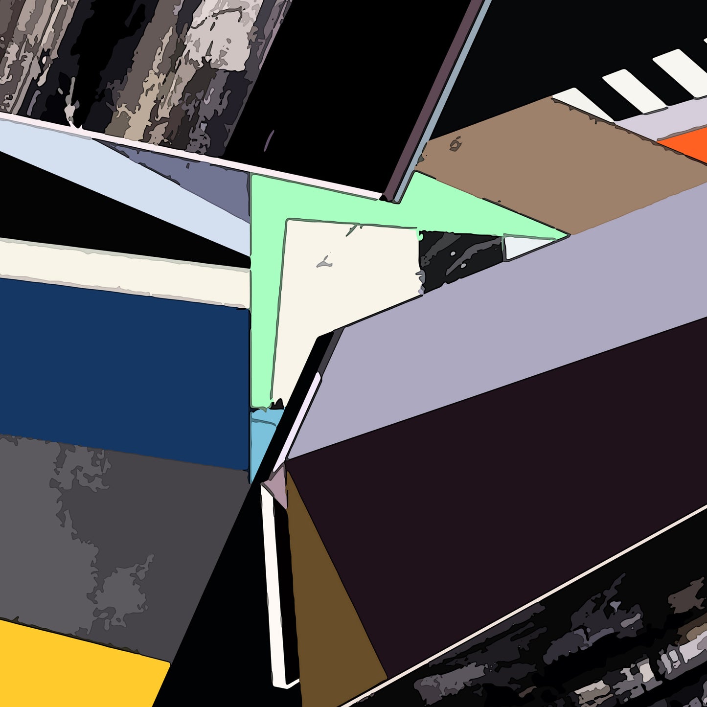 Abstract geometric artwork composed of overlapping angular panels in black, white, gray, navy, tan, lavender, mint, and yellow with textured and solid color blocks.