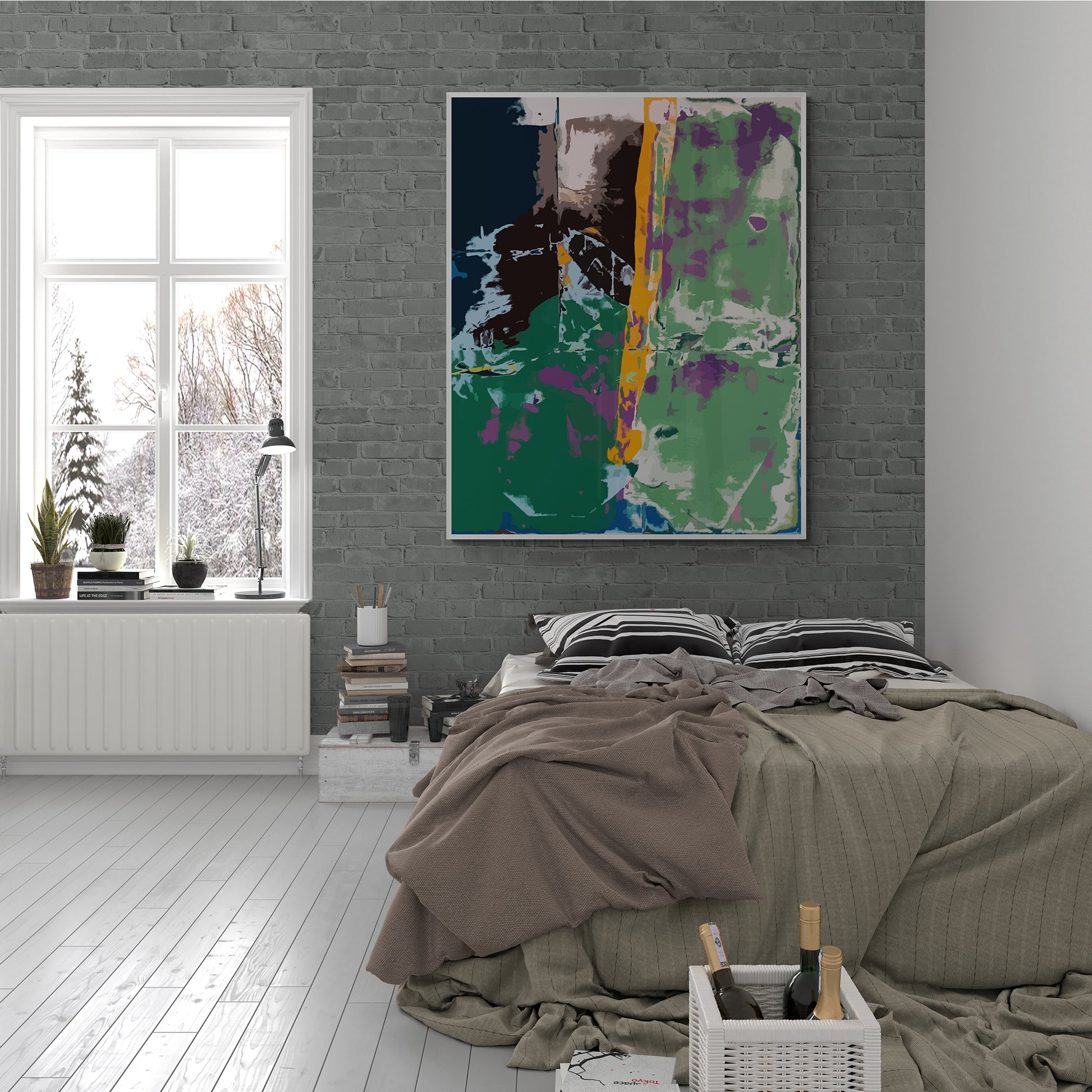 Modern bedroom with green abstract art on the wall, bed with gray bedding, and window view.