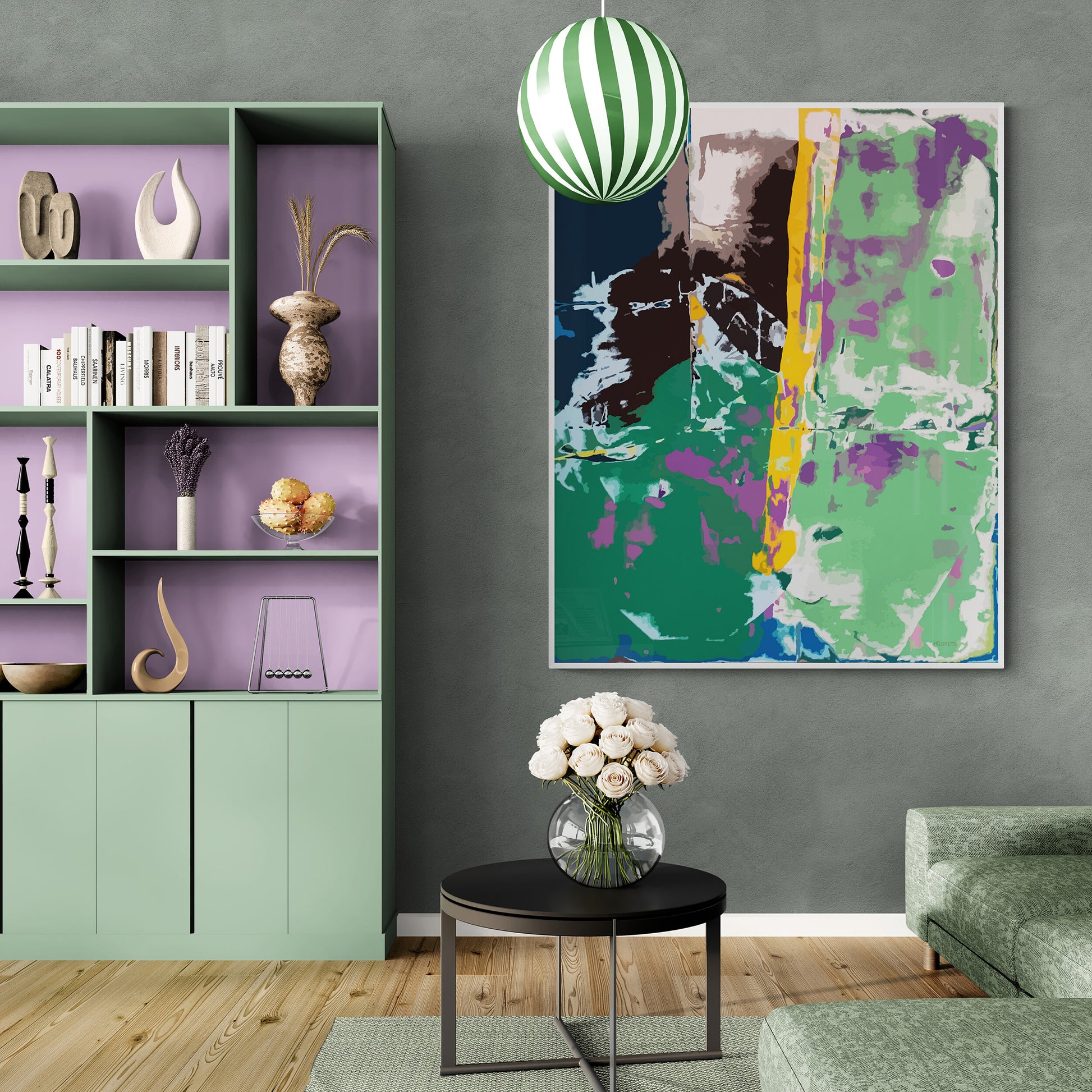 Modern living room with a green bookshelf, abstract art, and decorative items.