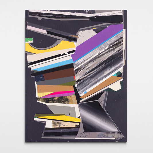 Original multicolor geometric abstract painting with a dark graphite background, purple, yellow, light blue and magenta geometric forms, and monochrome lines