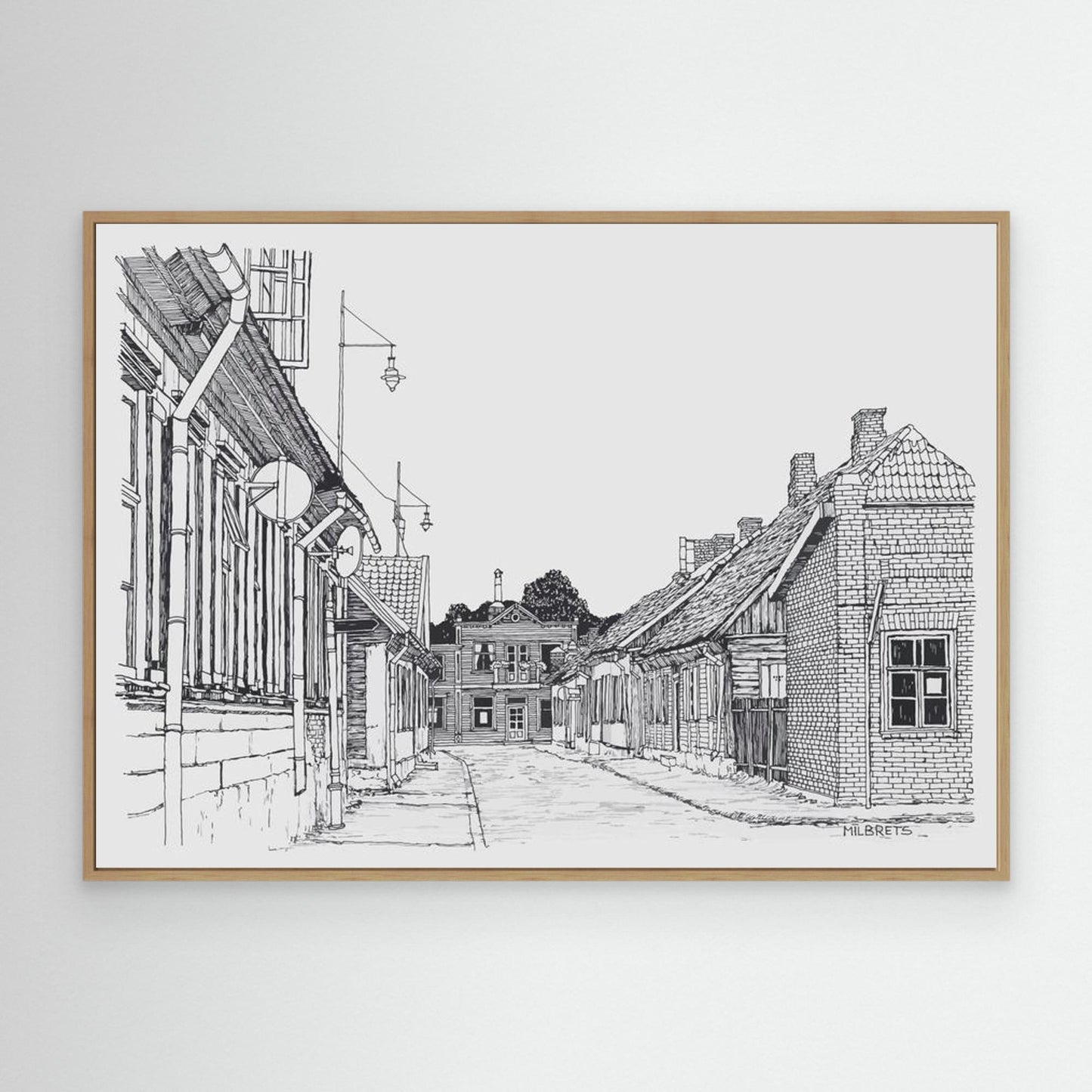 Vintage European Street Sketch Canvas Print Black and White Architecture Wall Art Scandinavian Minimalist Decor Historic Town Drawing