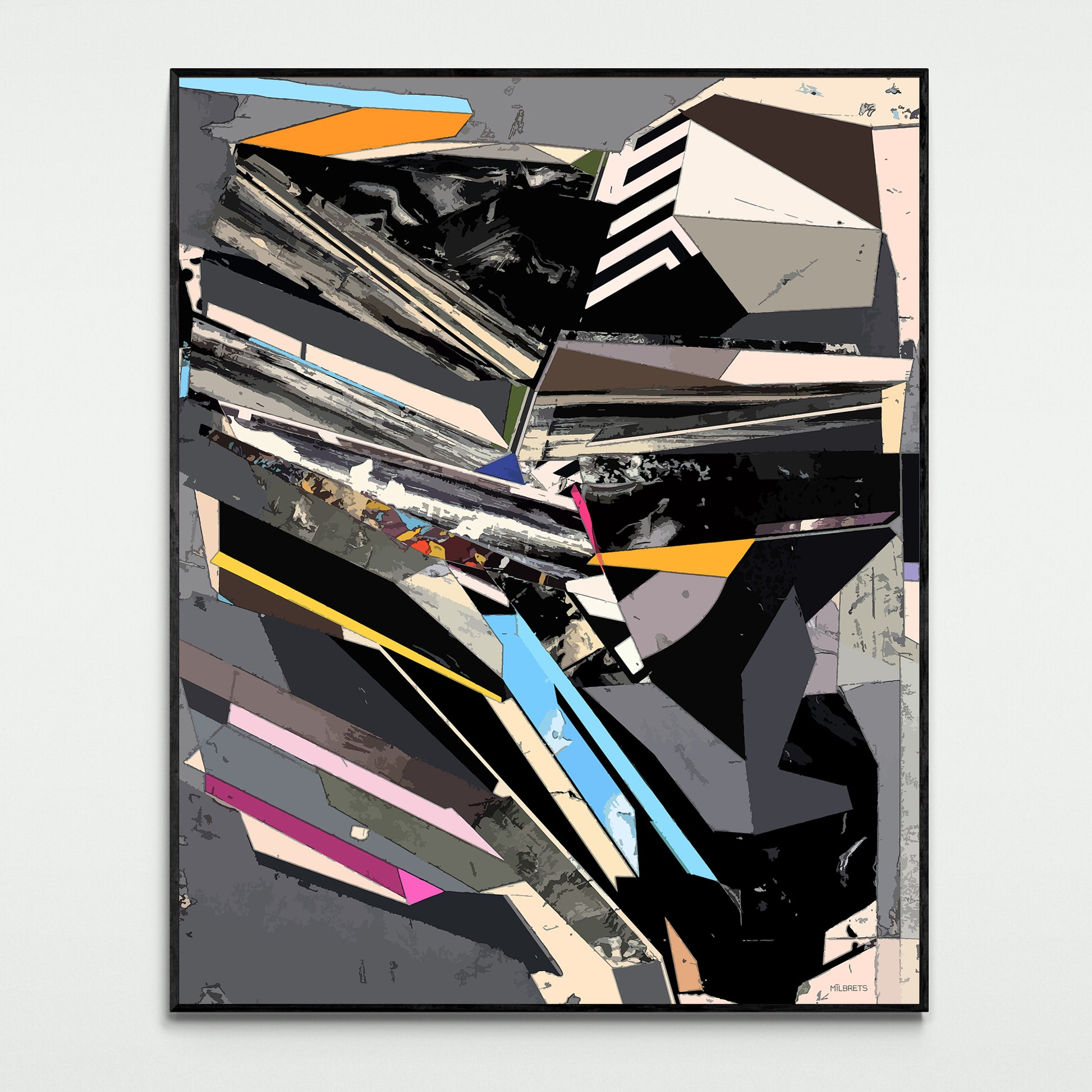 Dynamic urban geometric abstract canvas art featuring bold black, gray, bright blue, yellow, and pink angular shapes
