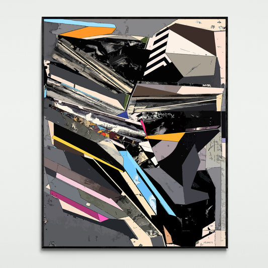 Dynamic urban geometric abstract canvas art featuring bold black, gray, bright blue, yellow, and pink angular shapes