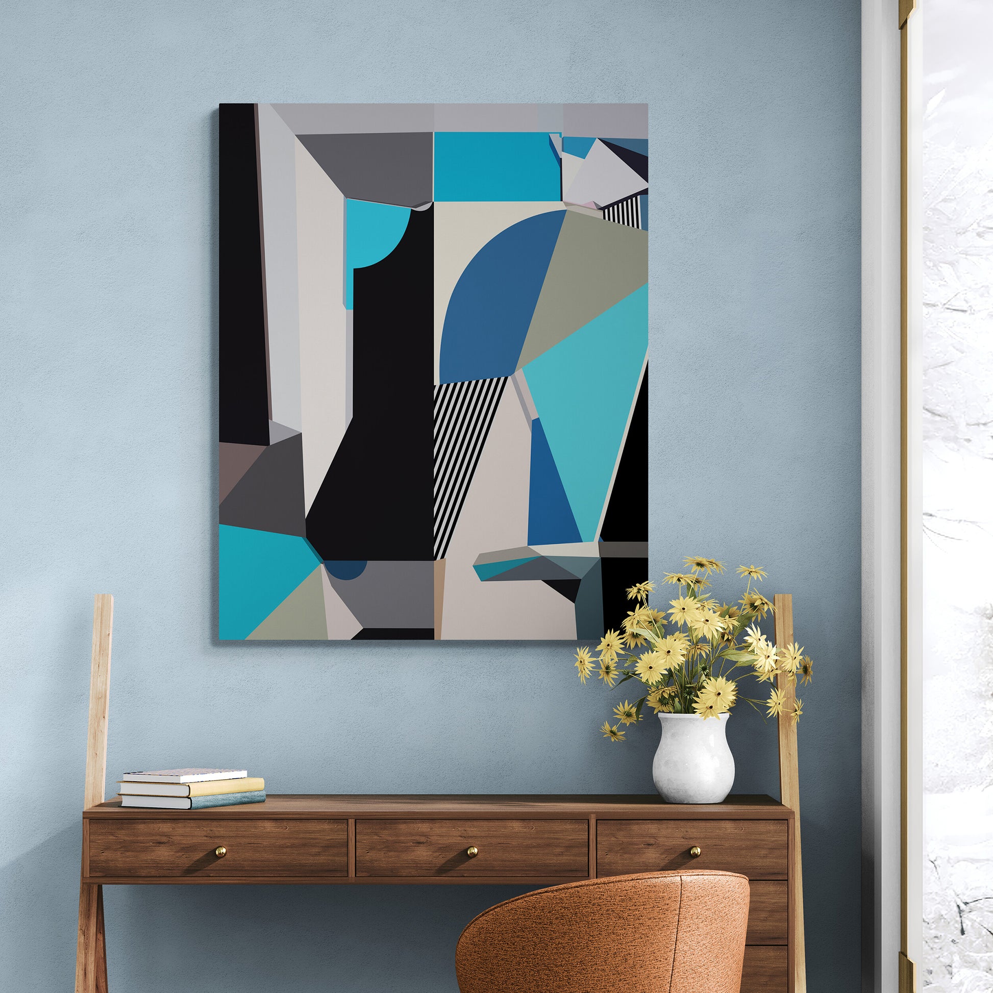 Abstract art piece on a wall above a wooden console table with a vase of flowers.