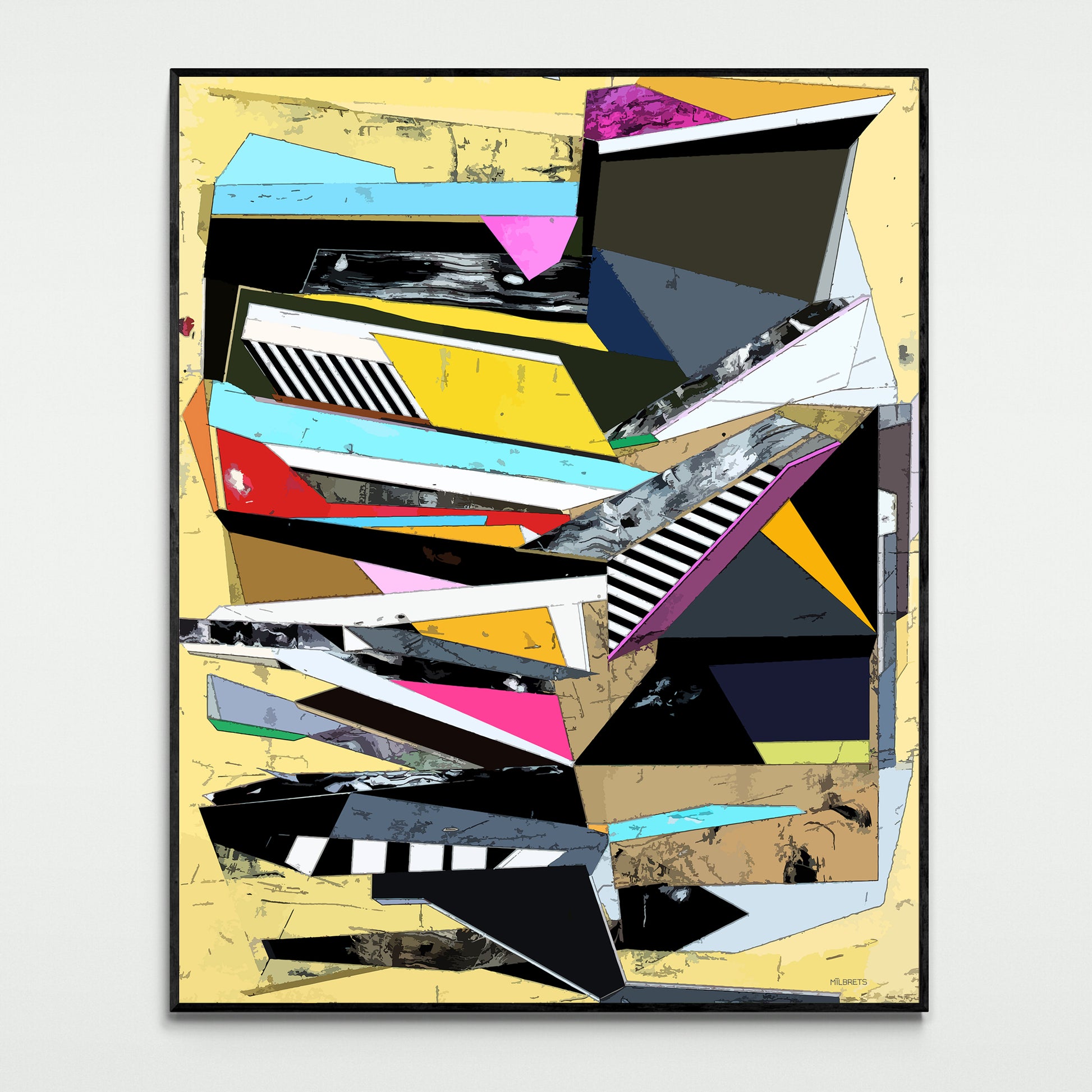 Modern geometric abstract wall art canvas featuring vibrant magenta, blue, and black accents over a warm yellow background