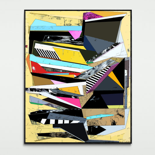 Modern geometric abstract wall art canvas featuring vibrant magenta, blue, and black accents over a warm yellow background