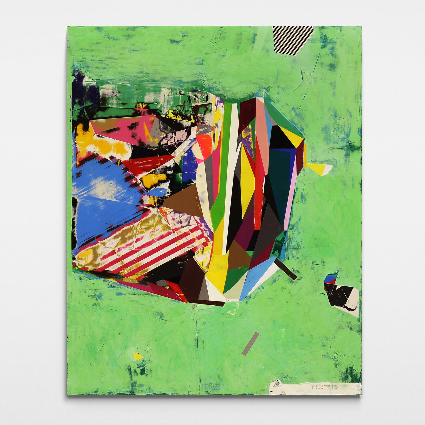 Original multicolor geometric abstract painting with a vivid green background, cobalt blue, yellow, magenta, forest green, and striped geometric forms