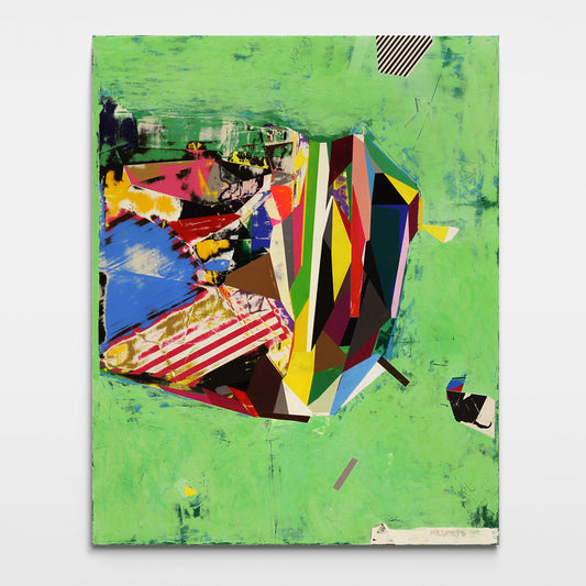 Original multicolor geometric abstract painting with a vivid green background, cobalt blue, yellow, magenta, forest green, and striped geometric forms