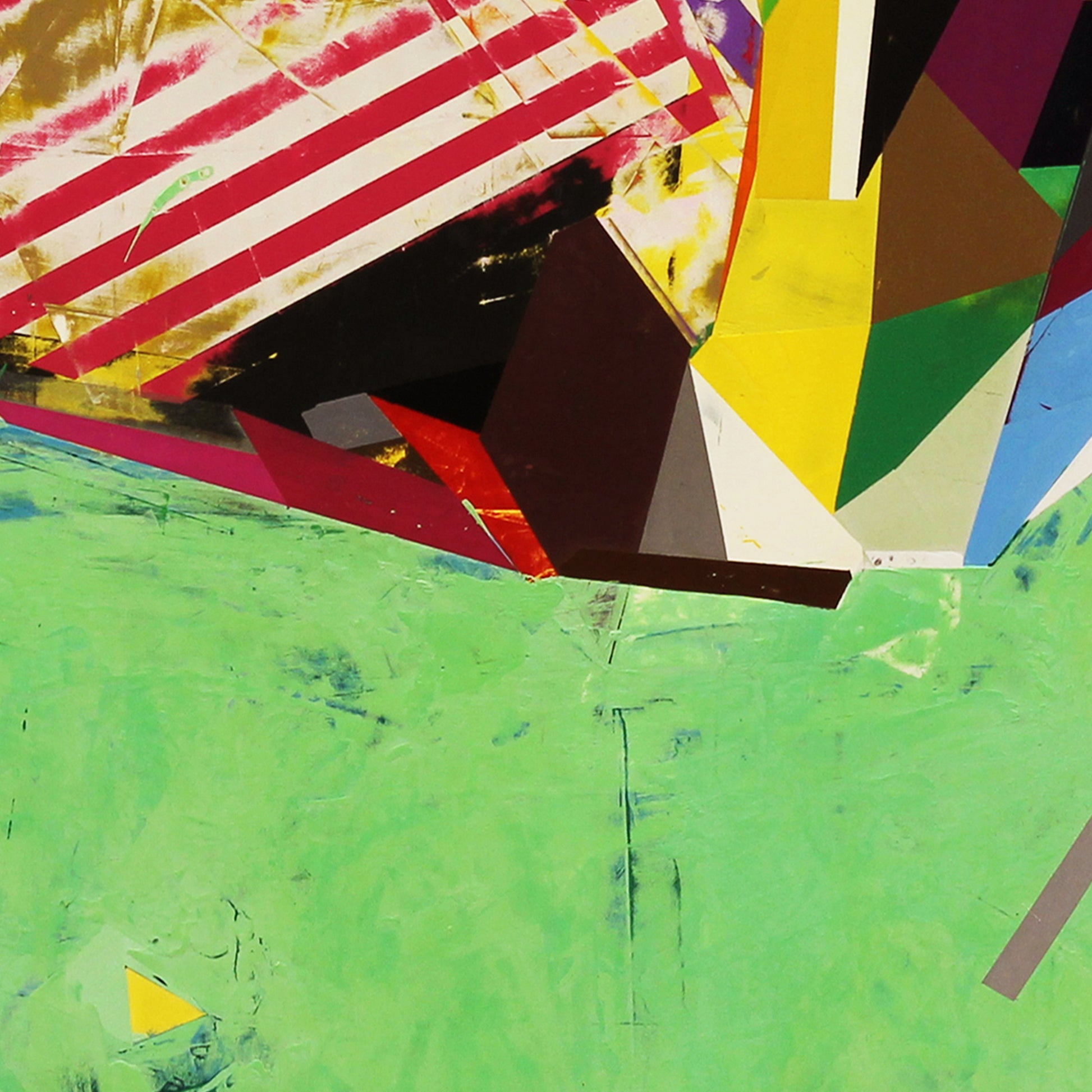 Detail of the abstract art piece with geometric shapes on a green background