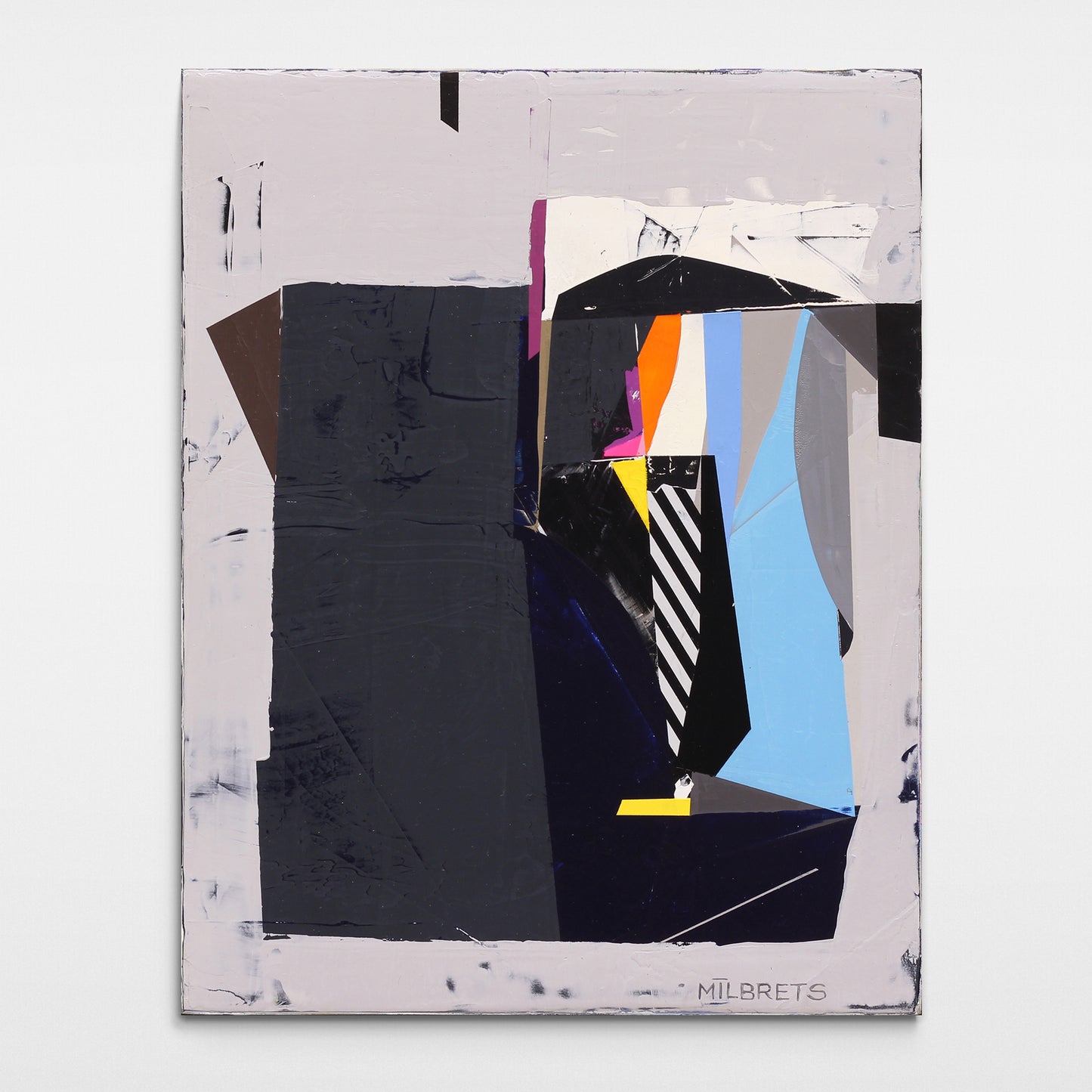 Original multicolor geometric abstract painting with soft grey fields, blue, orange, magenta, pink and yellow geometric forms, and monochrome diagonal stripes
