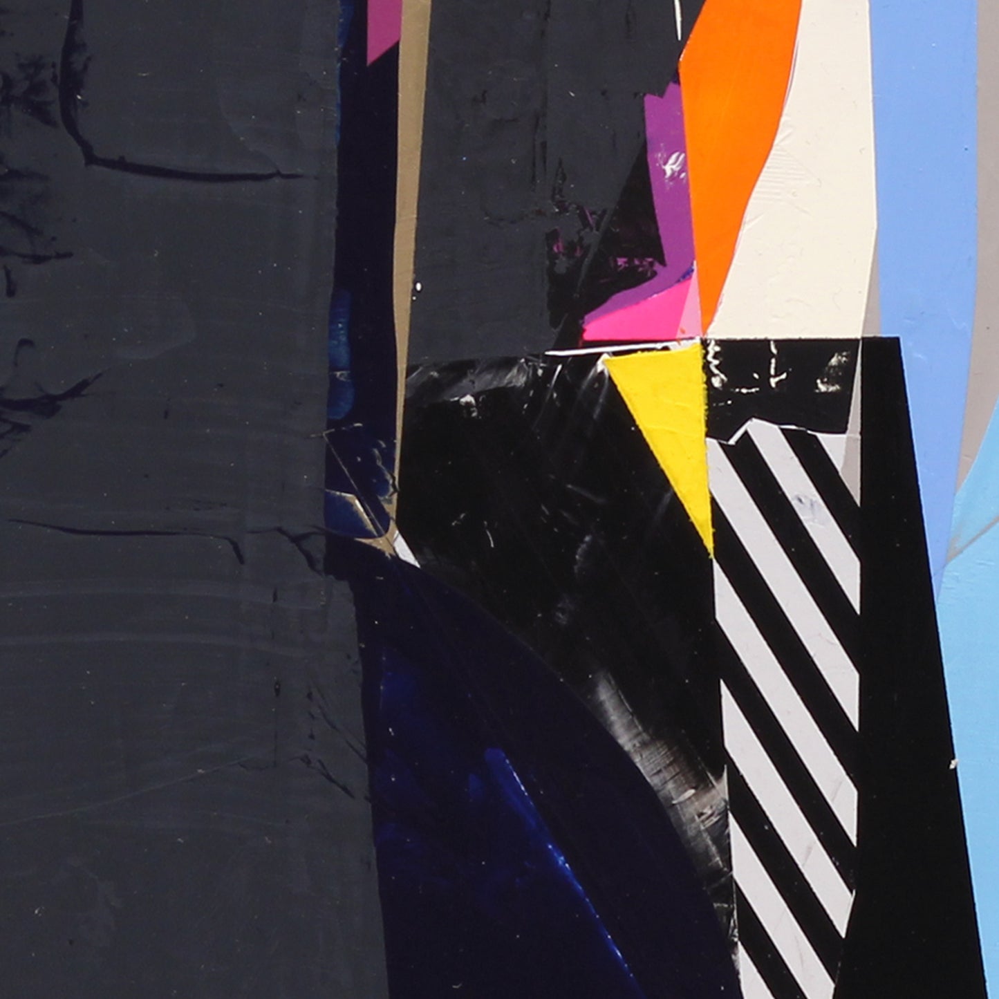Detail of an abstract art piece with geometric shapes in black, white, orange, yellow, and pink on a textured surface.