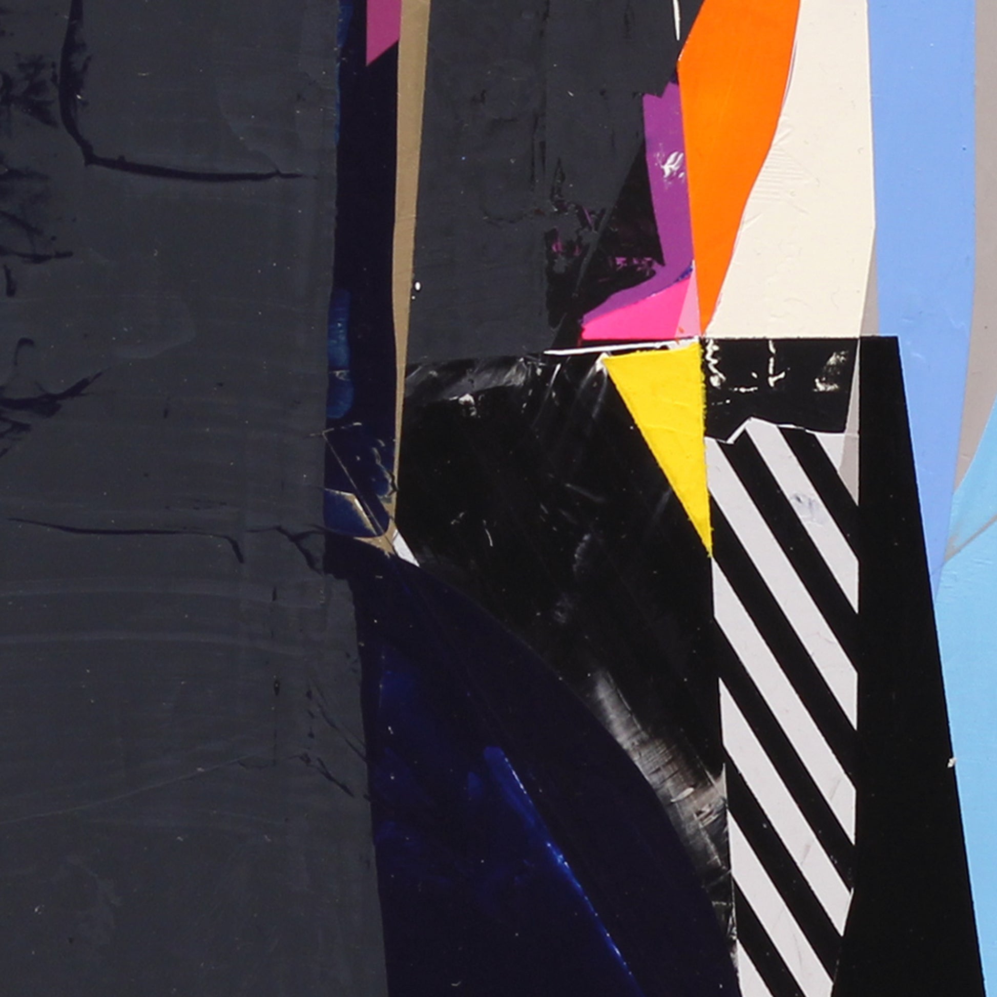 Detail of an abstract art piece with geometric shapes in black, white, orange, yellow, and pink on a textured surface.
