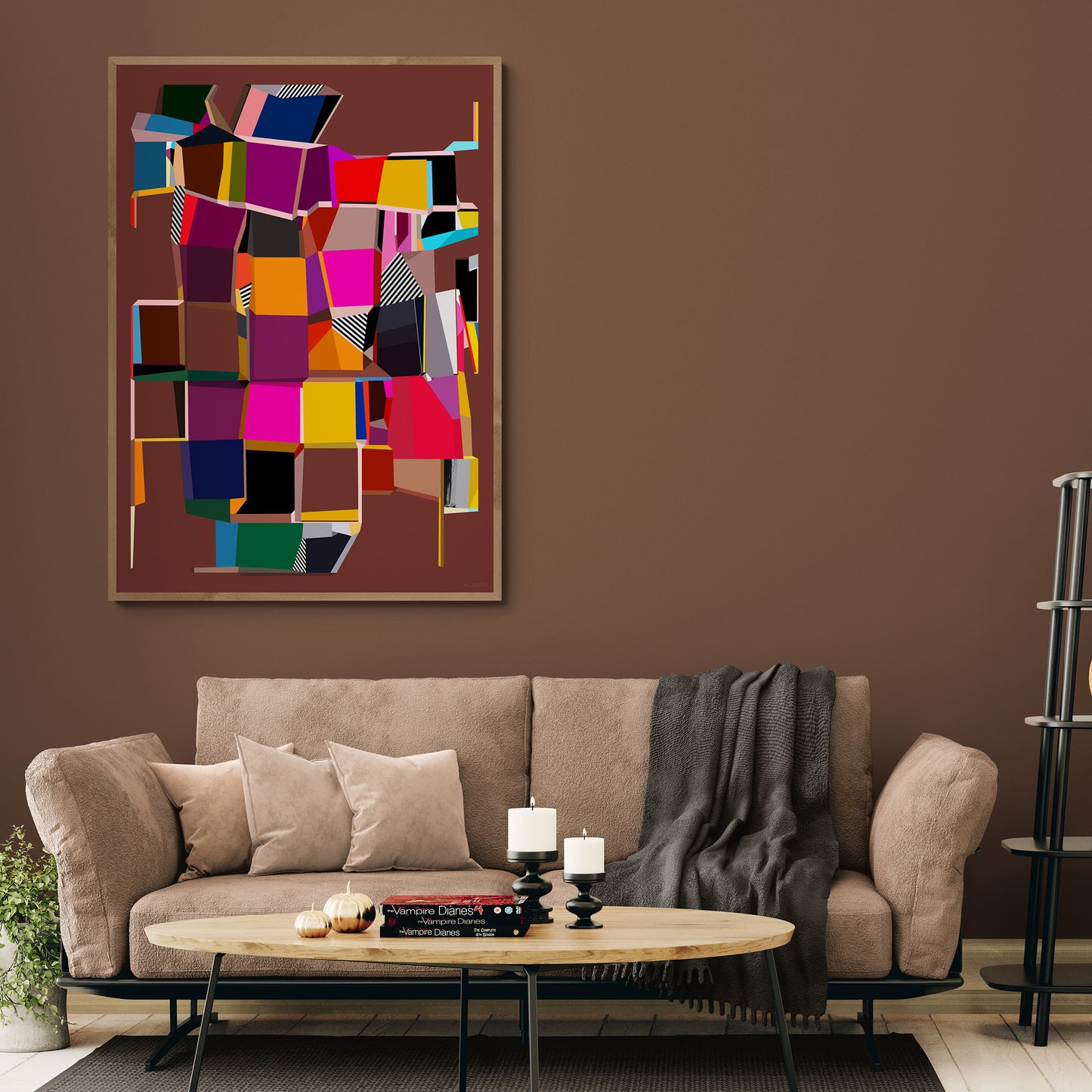 Living room with  a large vibrant geometric abstract canvas print on the wall, beige sofa, and a wooden coffee table.