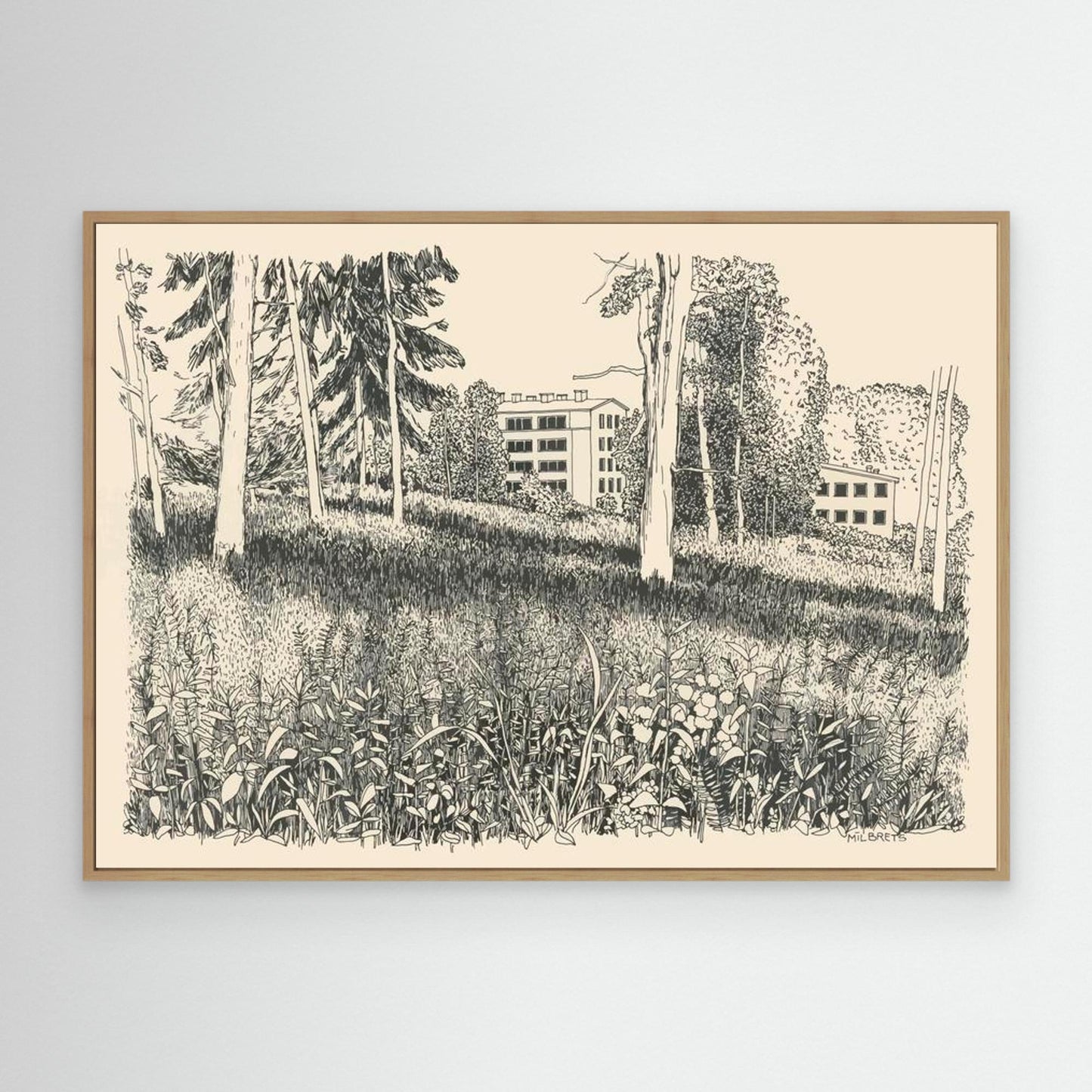 Black and White Forest Landscape Wall Art Nature Line Drawing Canvas Print Framed Botanical Woodland Illustration Nordic Wall Decor Drawing