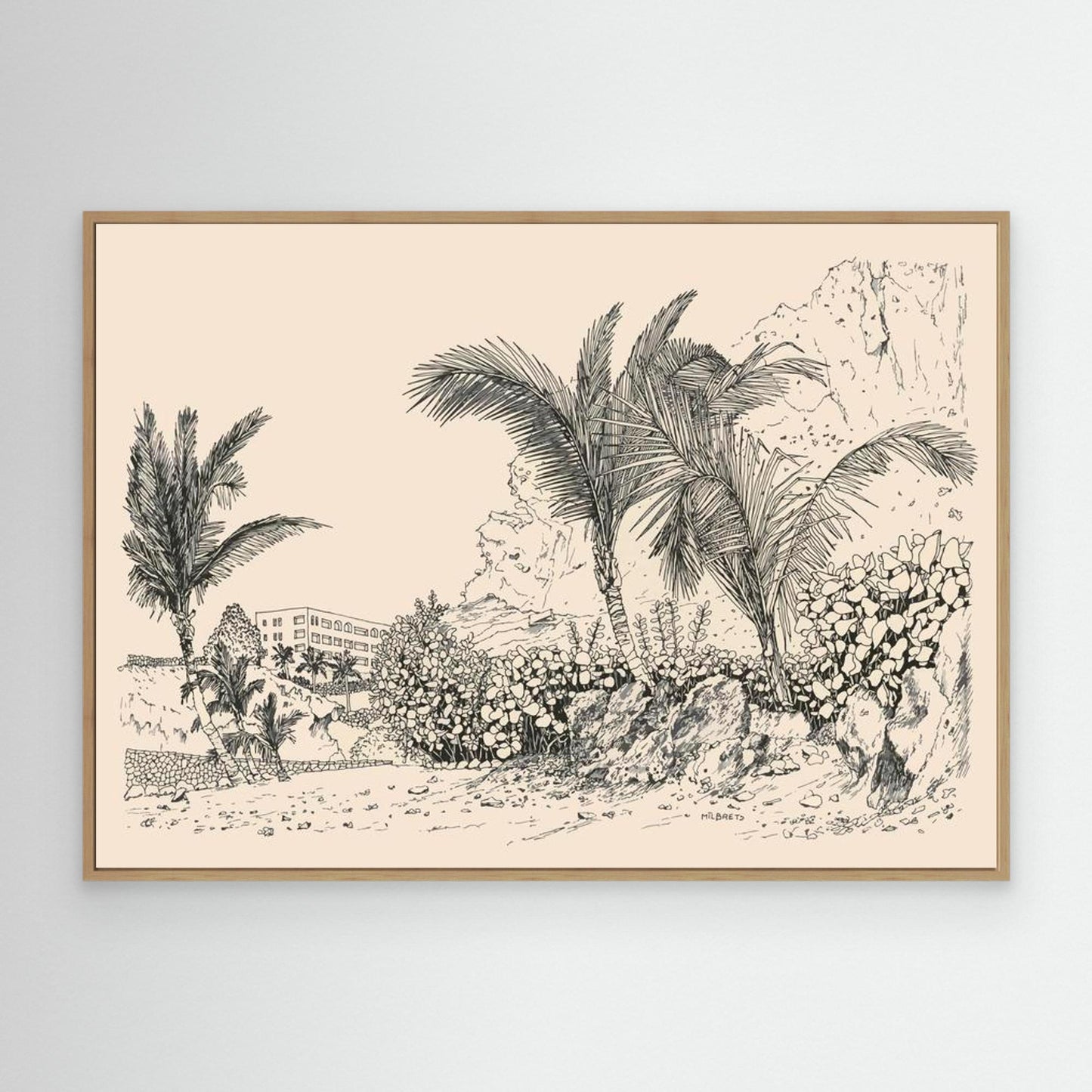 Framed Tropical Landscape Line Art Neutral Wall Art Print Boho Palm Tree Drawing Modern Minimalist Decor Large Canvas Wall Art Tenerife
