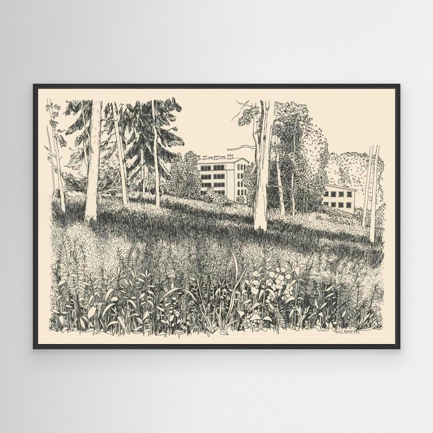 Black and White Forest Landscape Wall Art Nature Line Drawing Canvas Print Framed Botanical Woodland Illustration Nordic Wall Decor Drawing