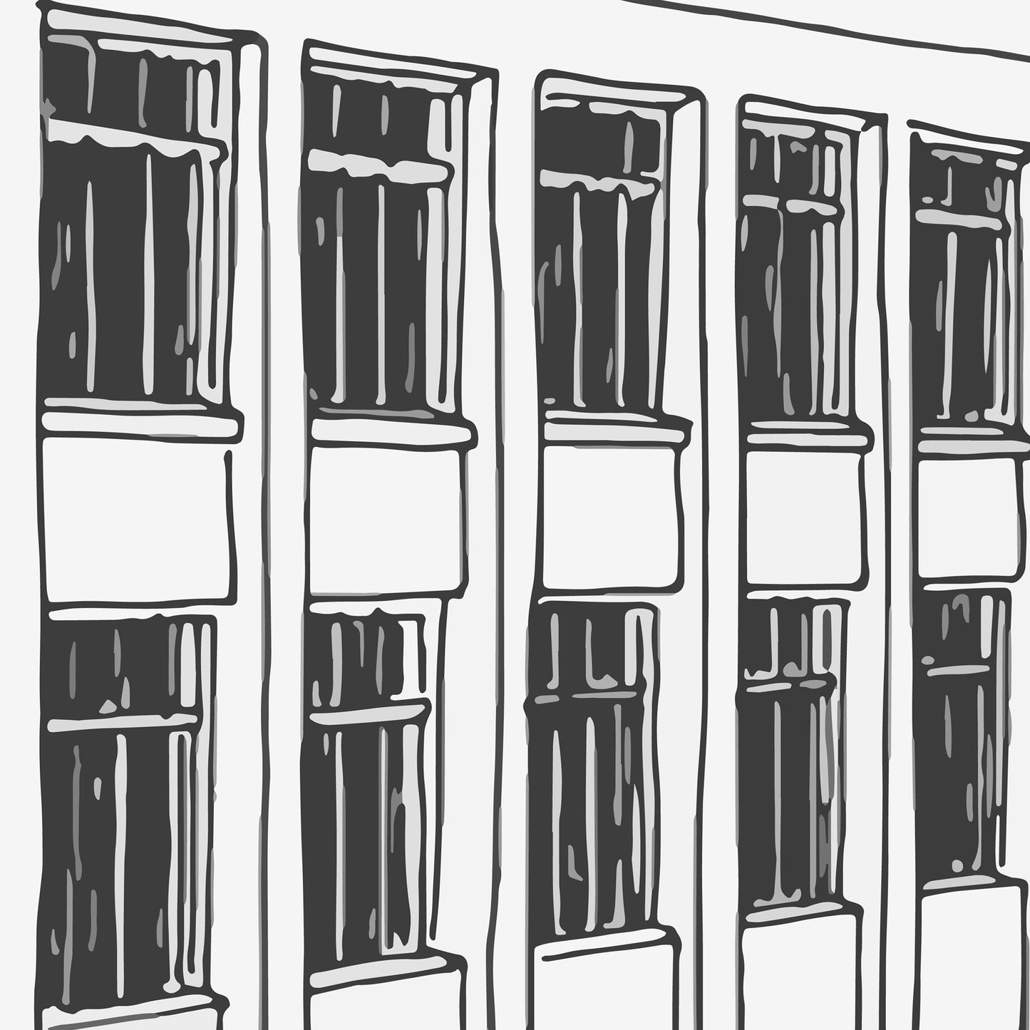 Illustration of a row of windows with curtains on a white background