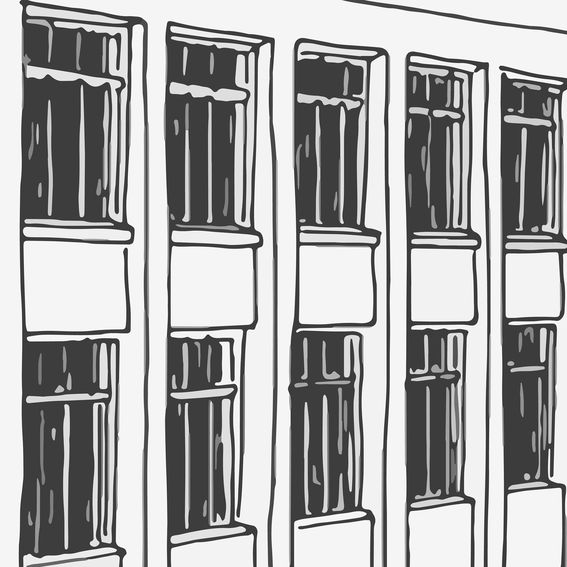 Illustration of a row of windows with curtains on a white background