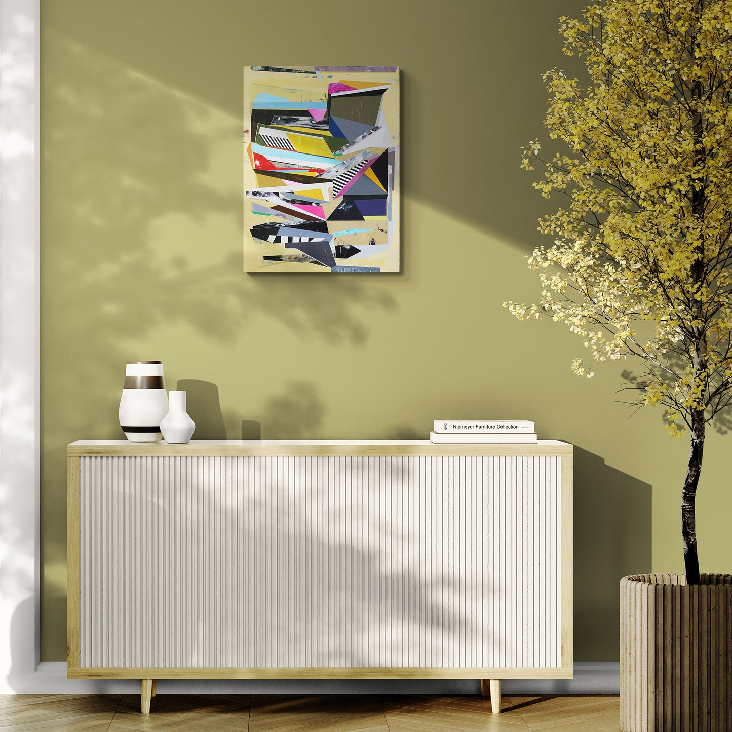 Modern interior with a sideboard, decorative items, and a colorful abstract painting on a green wall.