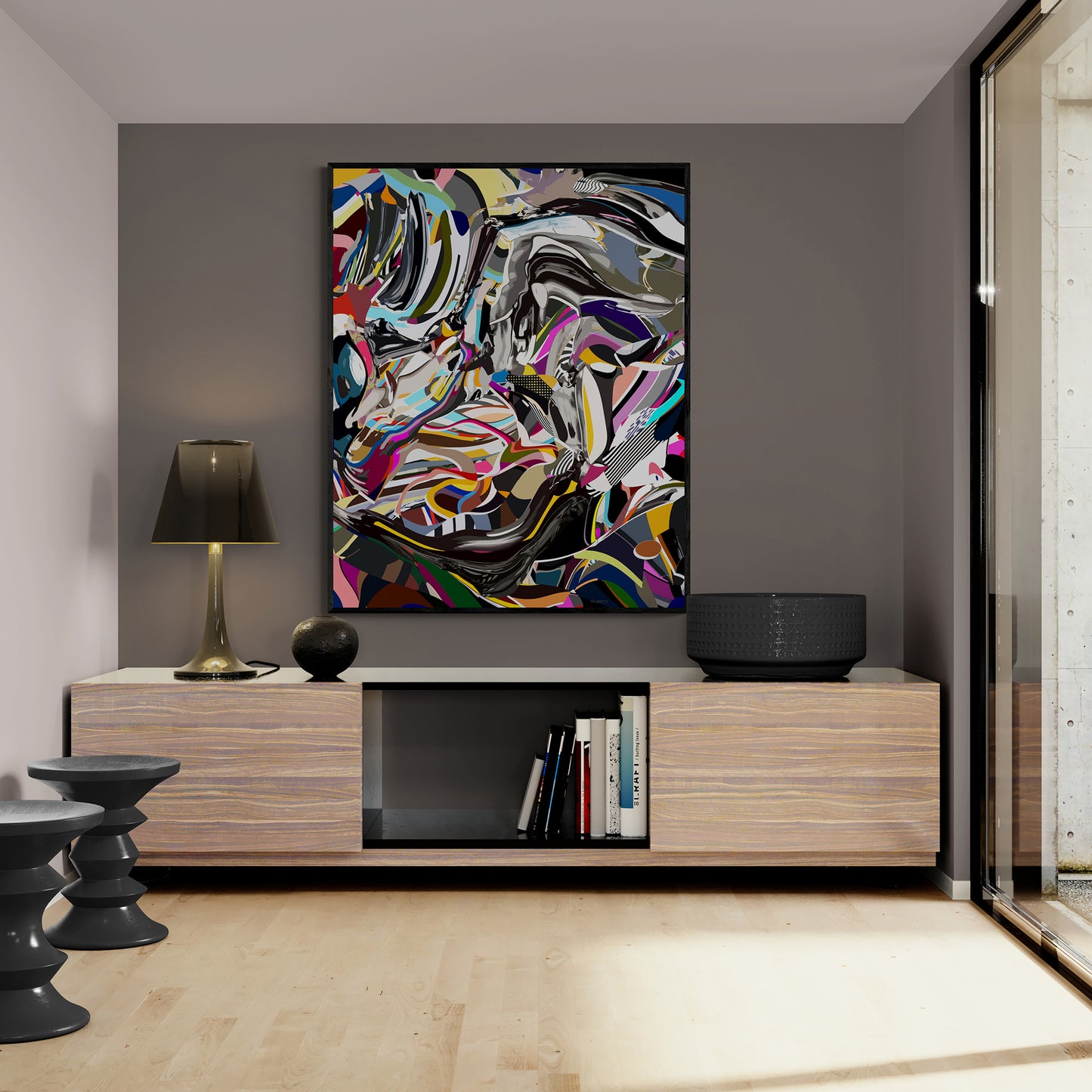 Modern living room with a colorful abstract painting on the wall above a wooden entertainment console.