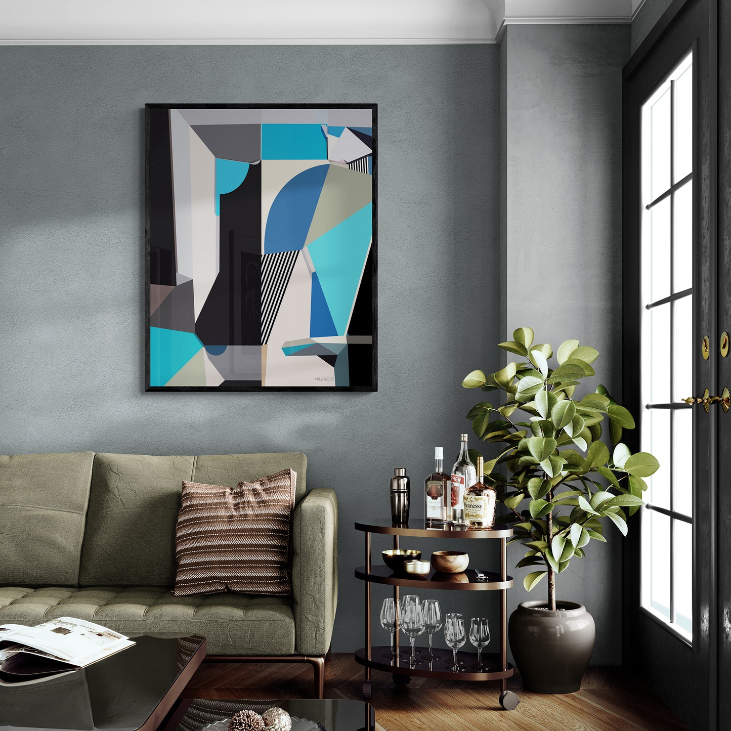 Modern living room with blue abstract art, gray sofa, and decorative items.
