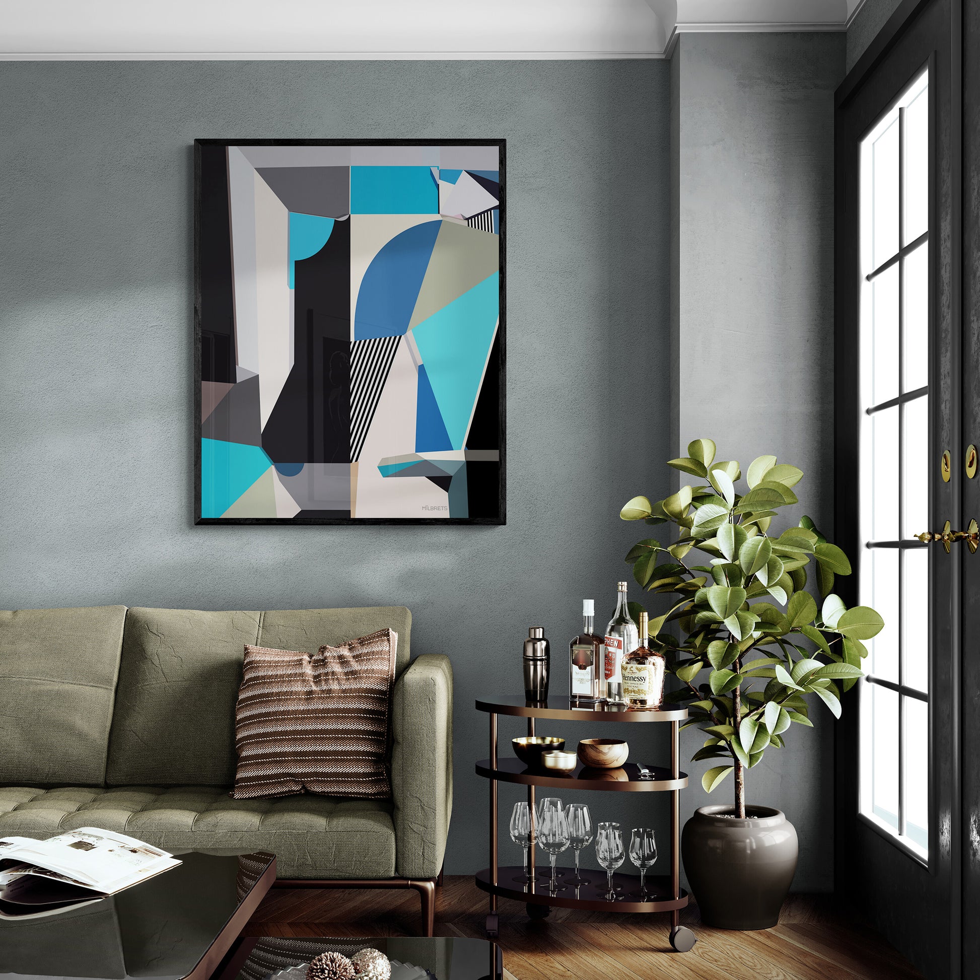 Modern living room with blue abstract art, gray sofa, and decorative items.