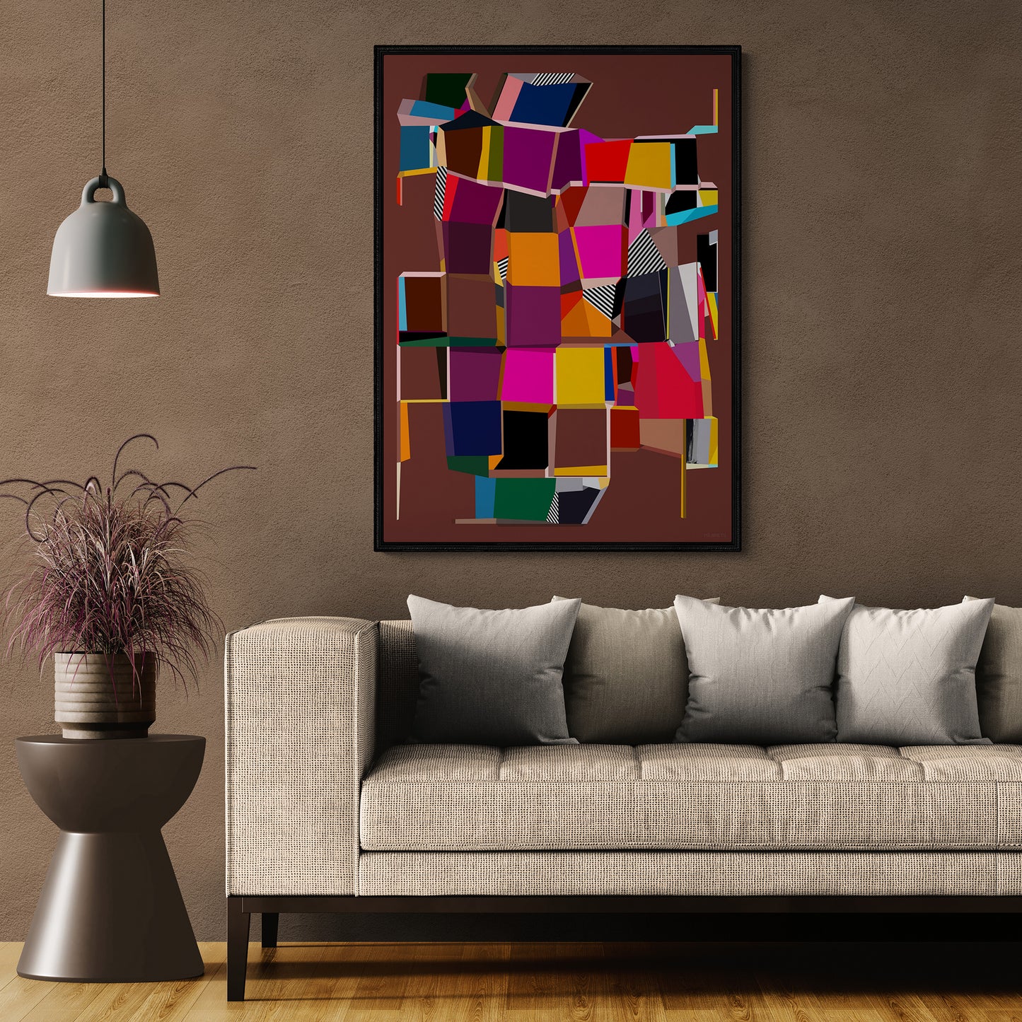 Living room with a colorful abstract painting on the wall, a beige sofa, and a side table with a plant.