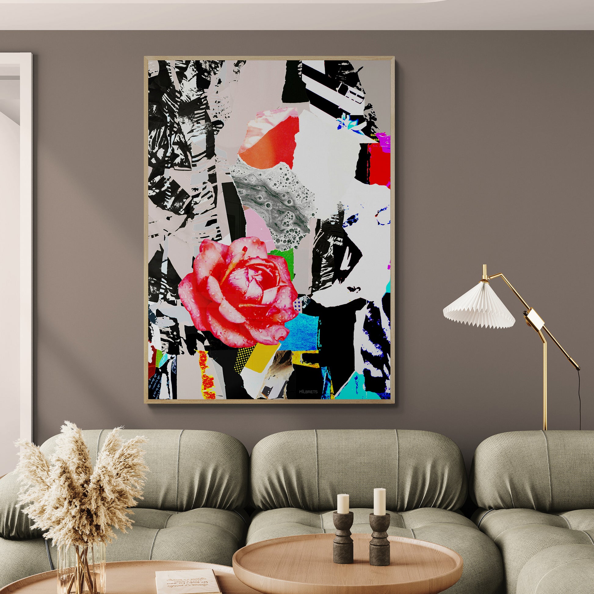 Abstract floral art piece on a wall above a sofa in a living room